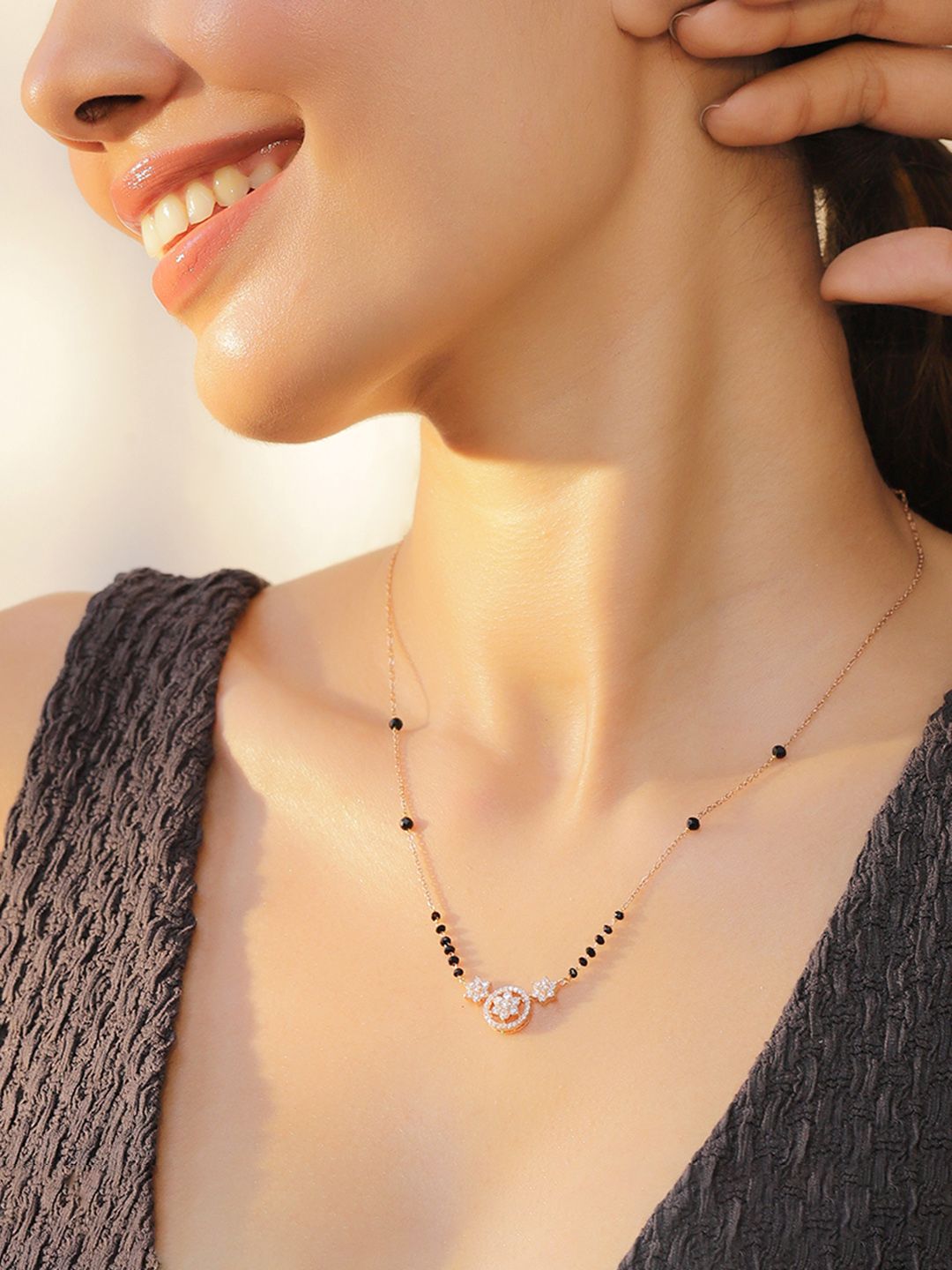 Dhiyona RJ Women's 18k Rose Gold Plated Cubic Zicronia Studded with Black Beads Mangalsutra