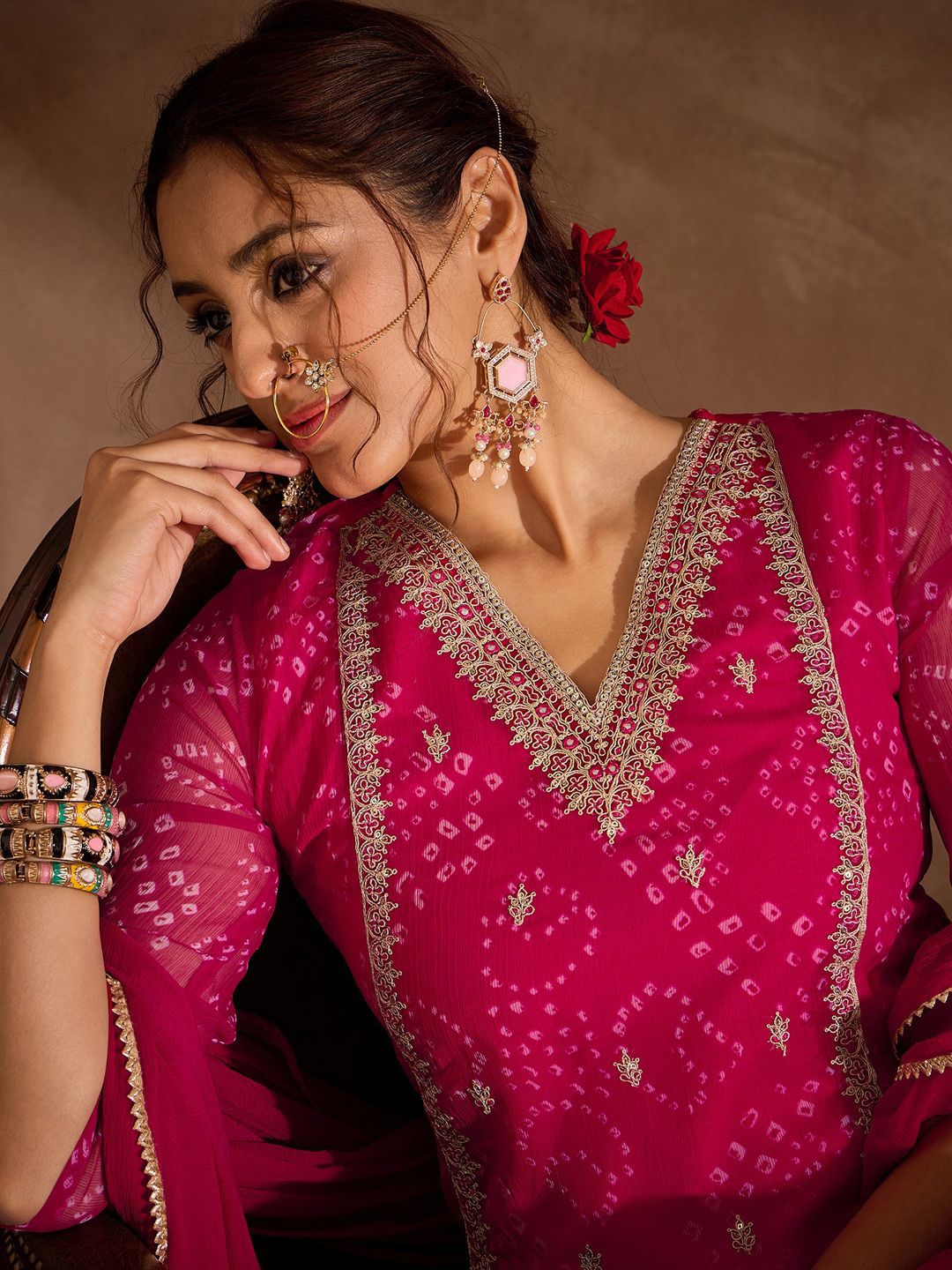 Dhiyona IE Floral Embroidered V-Neck Sequinned Cotton Straight Kurta With Trousers & Dupatta