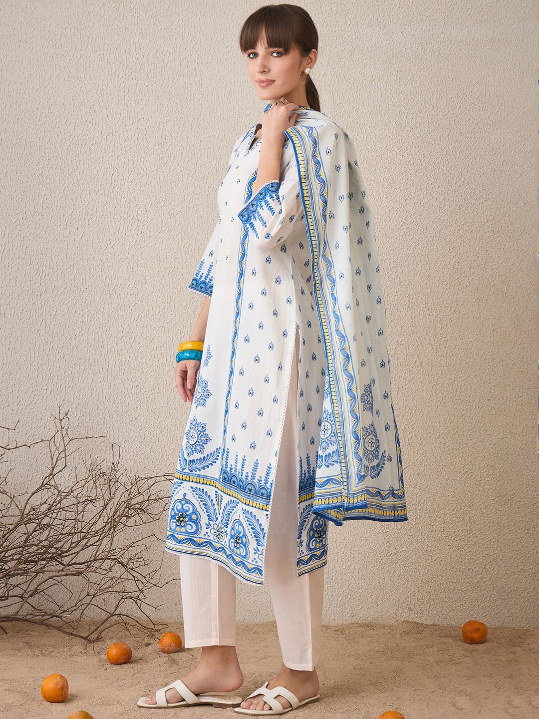 Dhiyona IE Floral Printed Pure Cotton Straight Kurta With Trousers & Dupatta