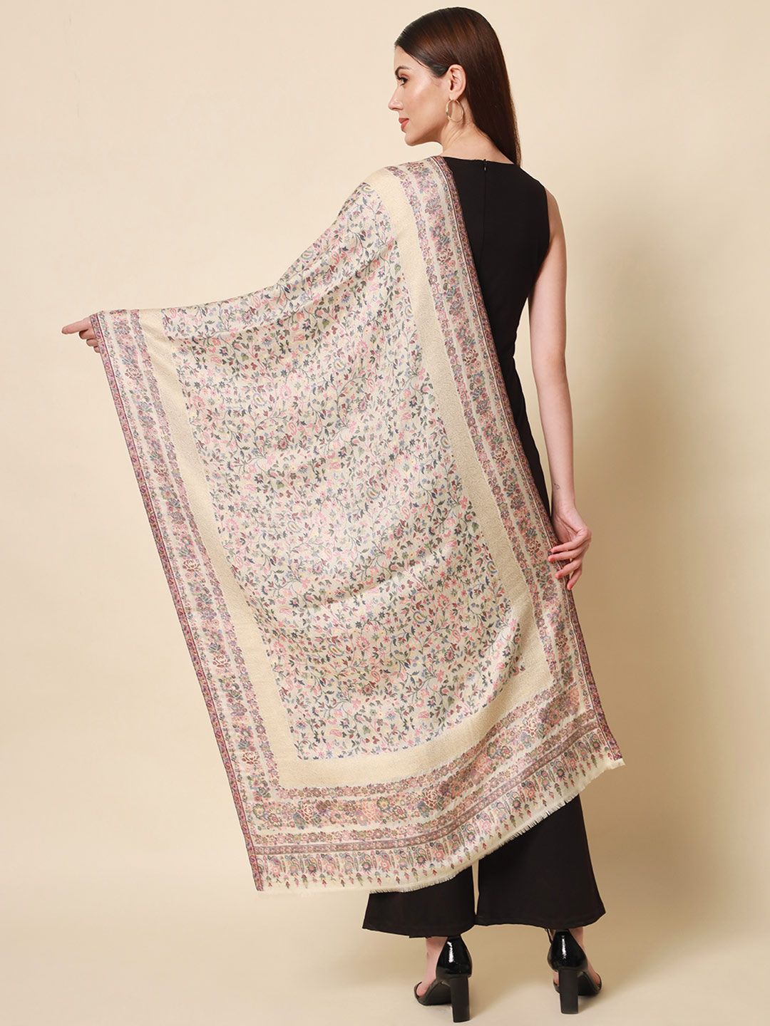 Dhiyona PA Women White Woven Design Kaani Woolen Shawl