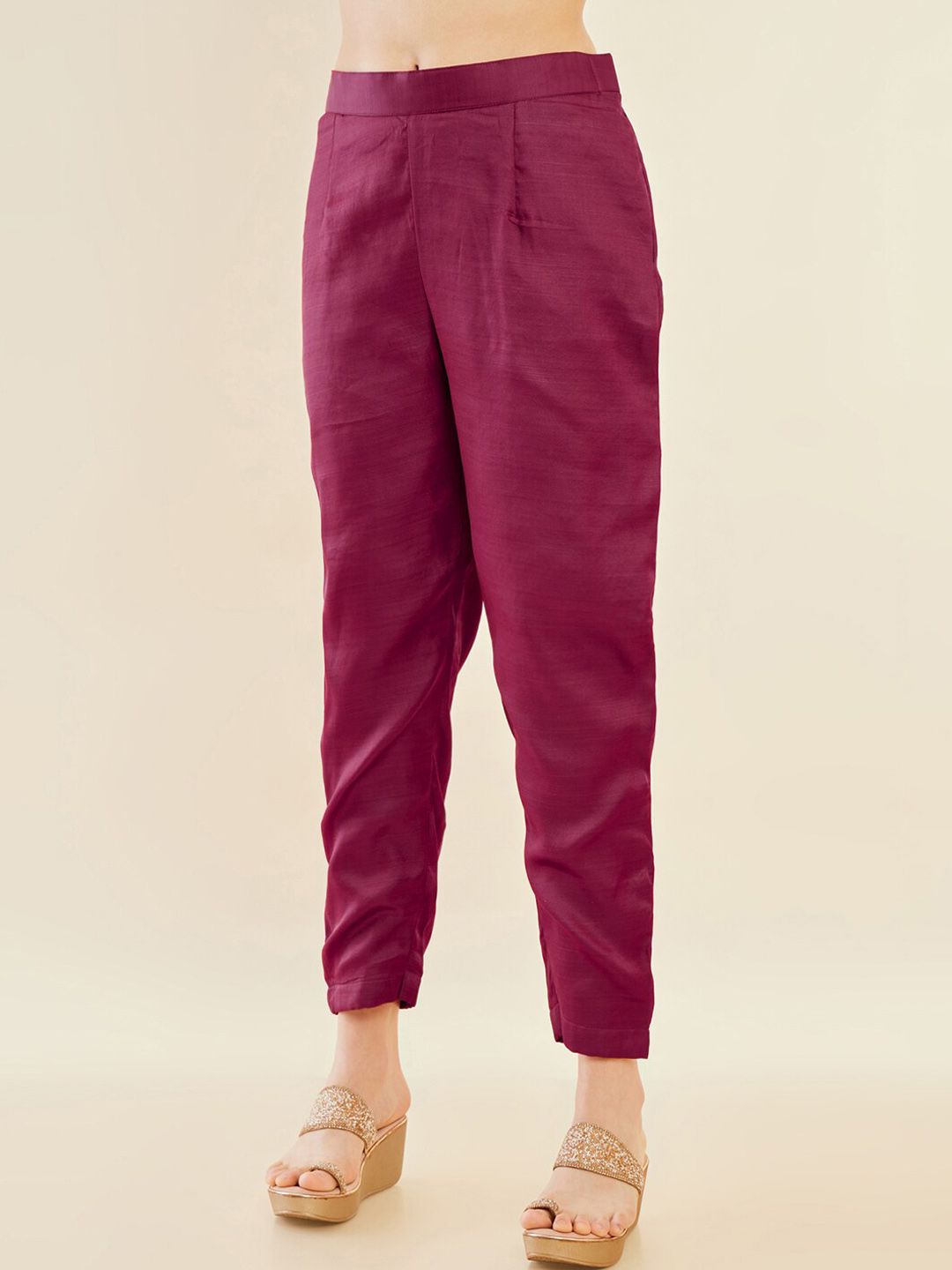 Dhiyona SO Women's Maroon Ethnic Motifs Embroidered Regular Sequinned A-Line Kurta With Trousers