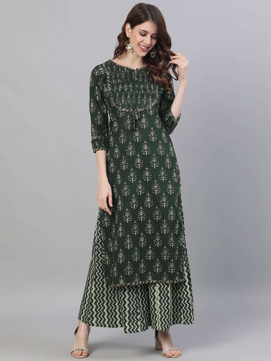 Dhiyona IS Women's Women Olive Green Beige Printed Tuck Detailed Kurta Palazzos