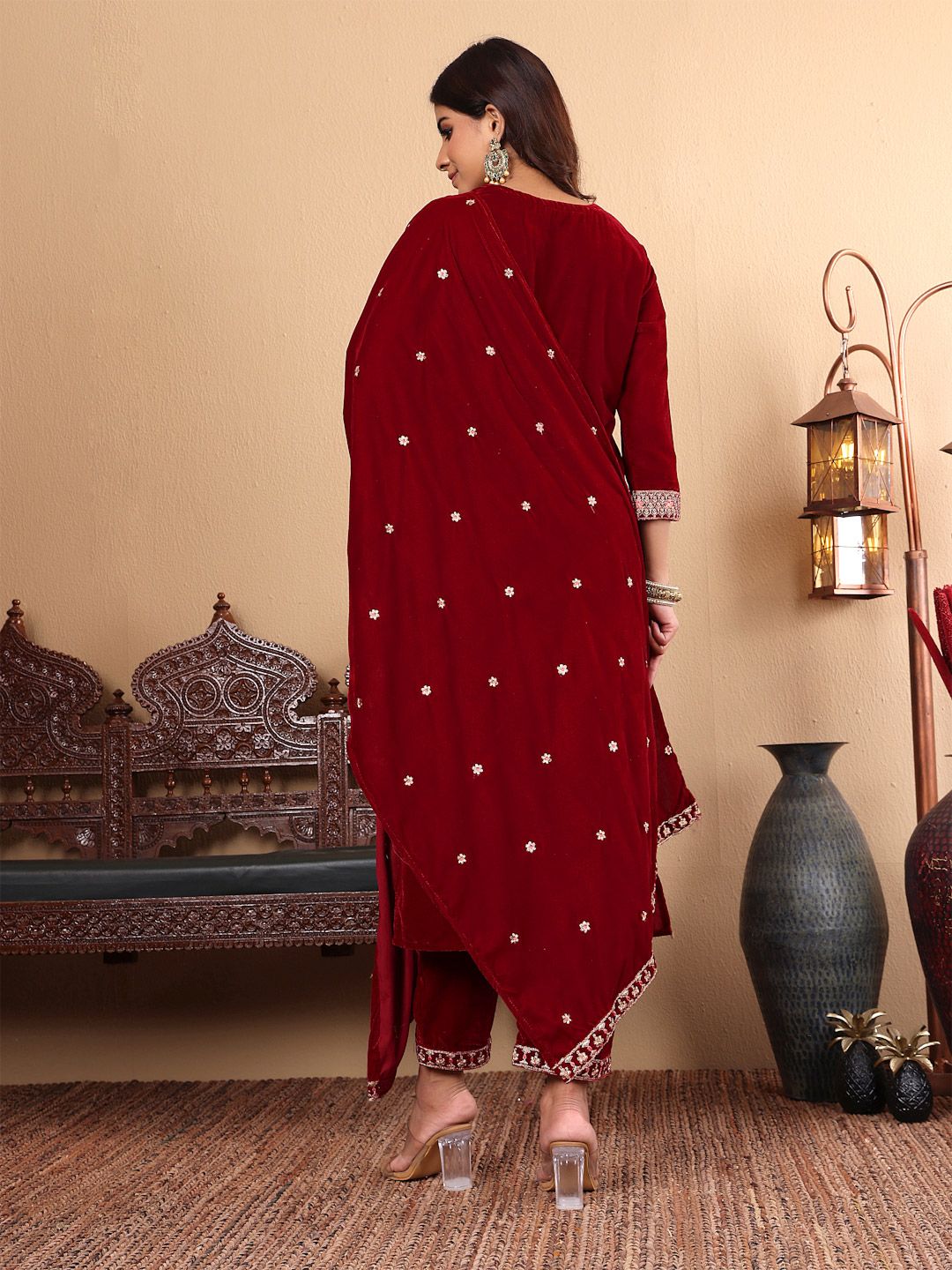 Dhiyona VA Women'sMaroon Floral Yoke Design Sequinned Velvet Straight Kurta with Trousers & Dupatta