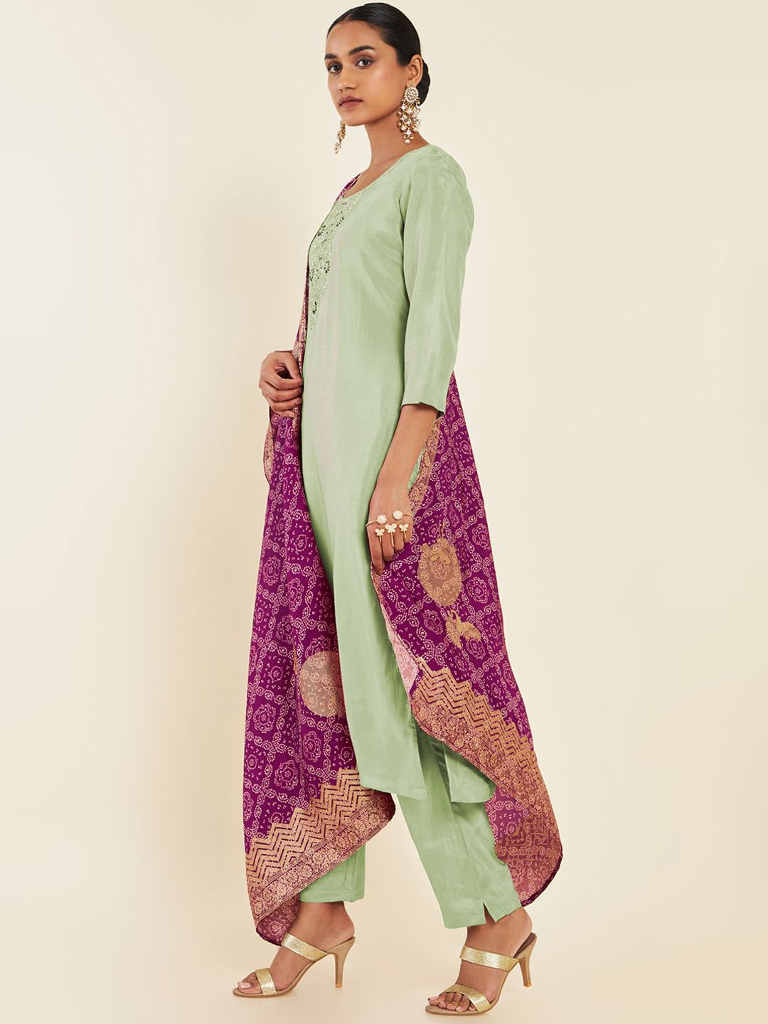 Dhiyona SO Women's Floral Embroidered Yoke Design Kurta With Trousers & Dupatta