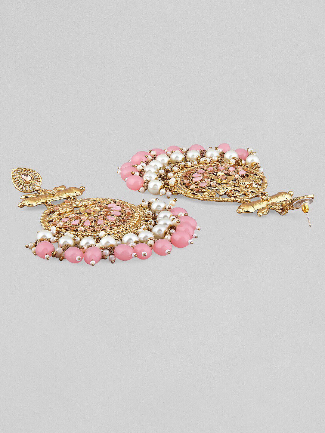 Dhiyona RJ Women's 18K Antique Gold-Plated Big Chandbali Earrings with Pearl & Pink Bead Accents