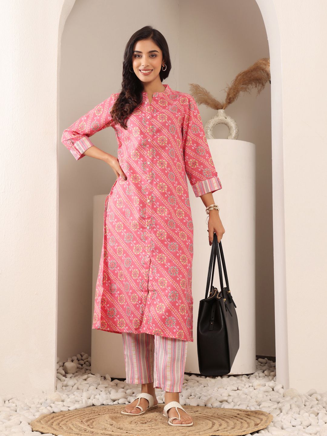 Dhiyona VA Women'sBandhani Printed Mandarin Collar Straight Kurta With Trouser