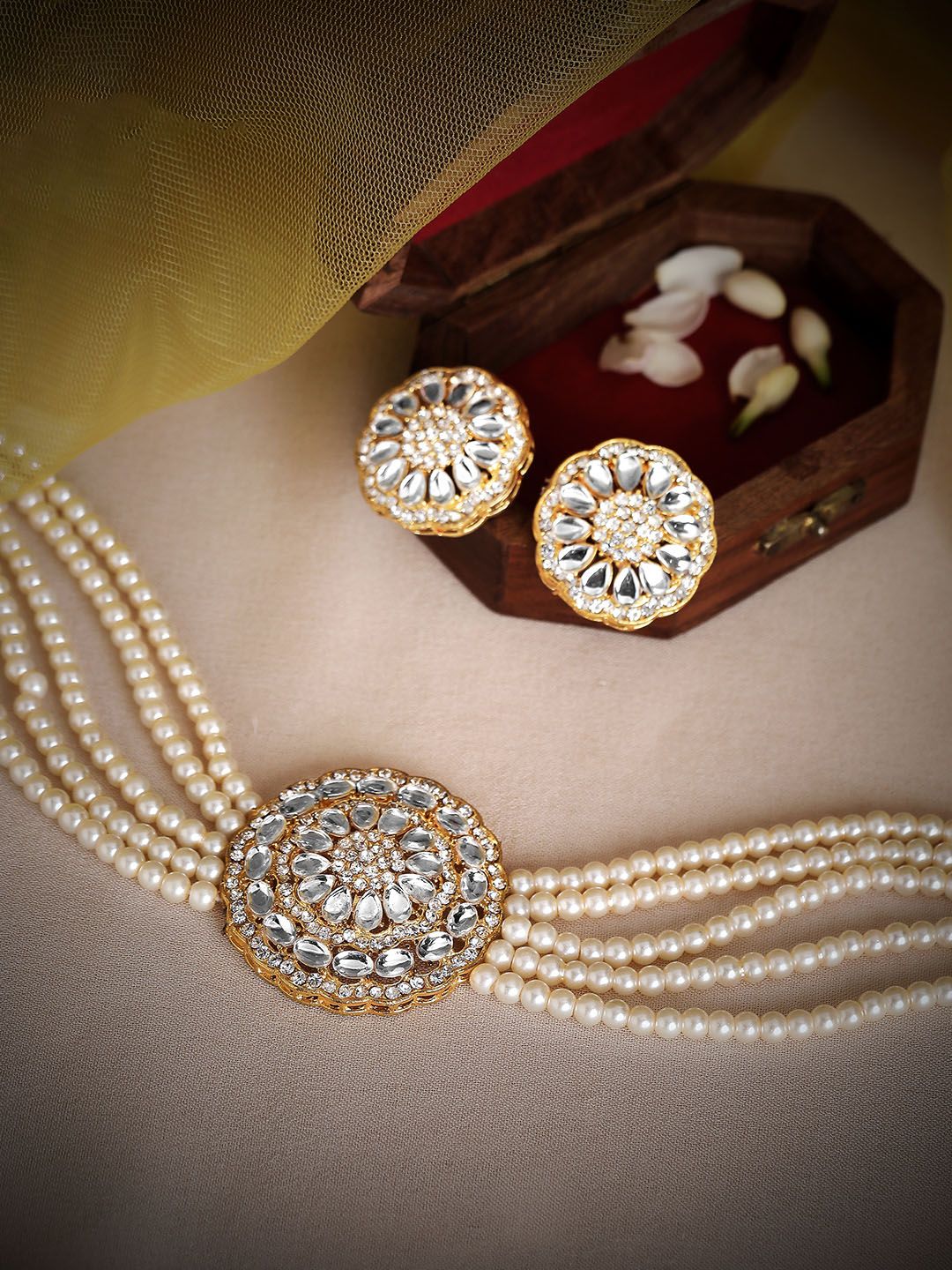 Dhiyona RJ Women's 22K Gold-Plated White Kundan-Studded Choker Set with Multi-Strand Pearl Beads