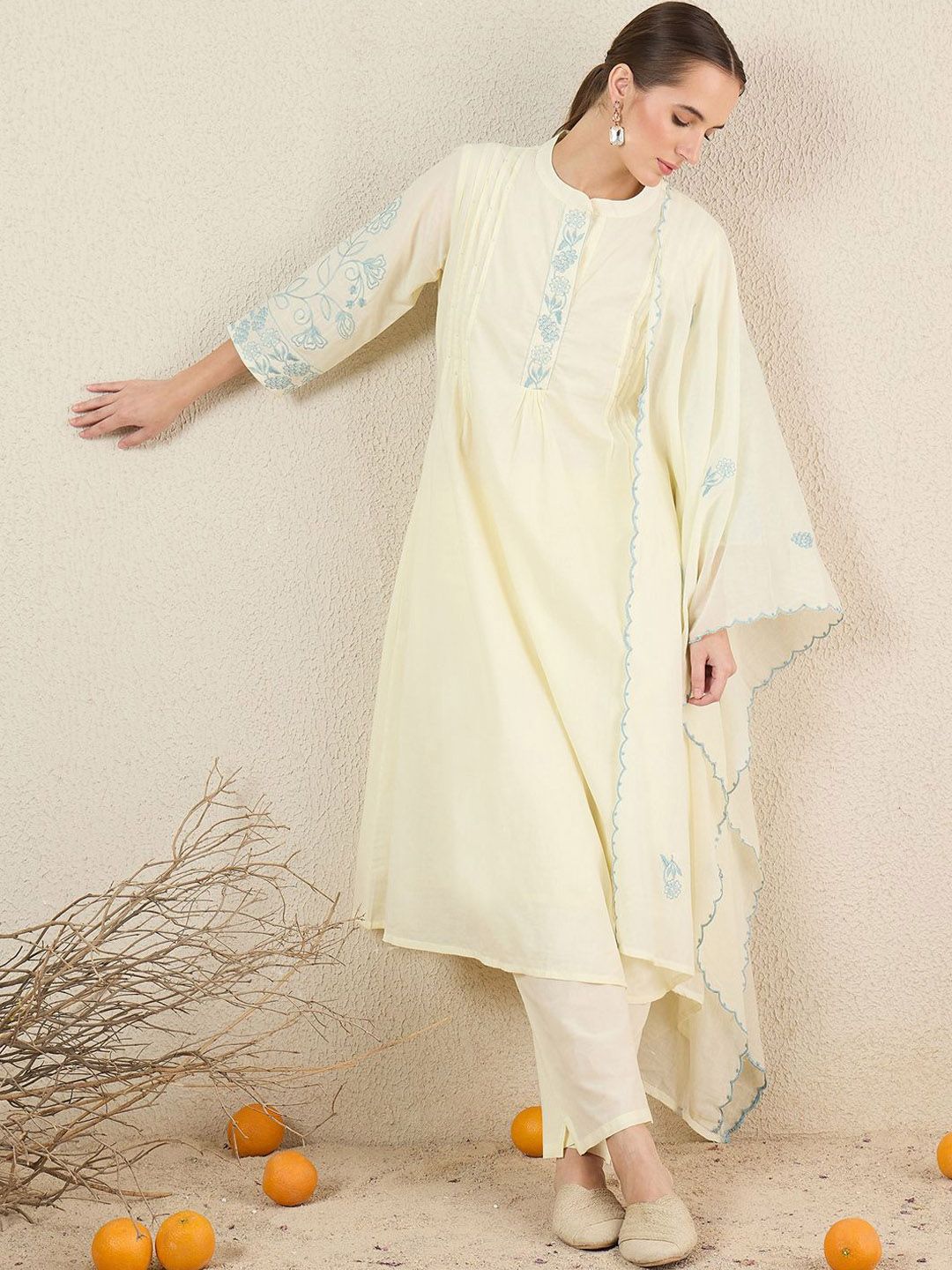 Dhiyona IE Women Solid Embroidered Cotton Kurta with Trousers & Dupatta