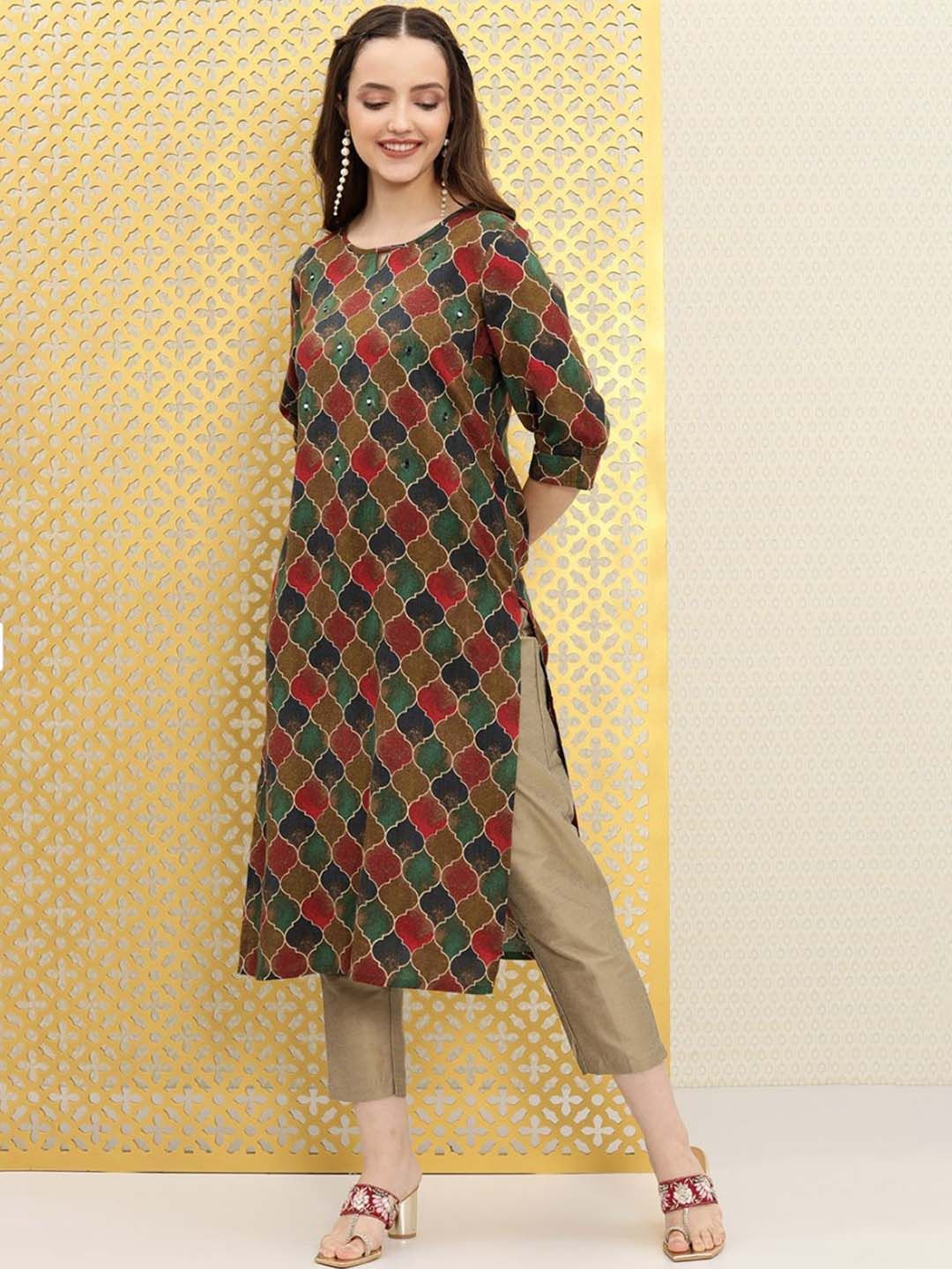 Dhiyona OD Ethnic Motifs Printed Boat Neck Mirror Work Detailed Kurta