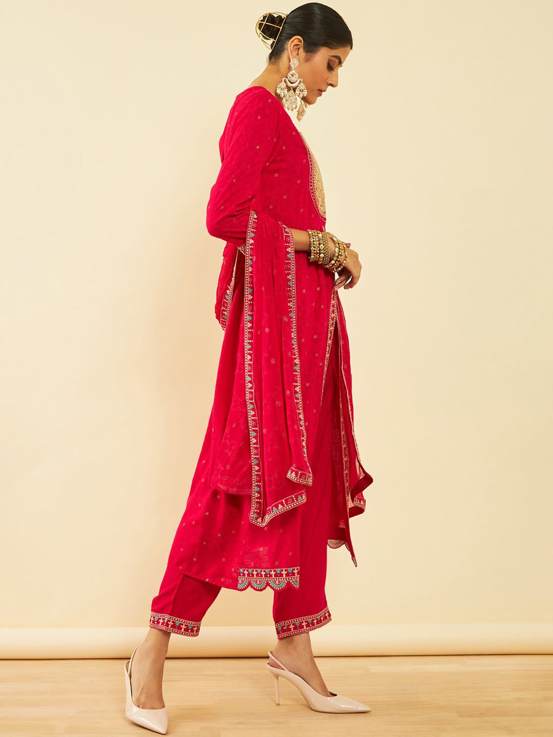 Dhiyona SO Women's Alina Cut Fuchsia Ethnic Motifs Embroidered Pleated Sequinned Kurta With Trousers & Dupatta