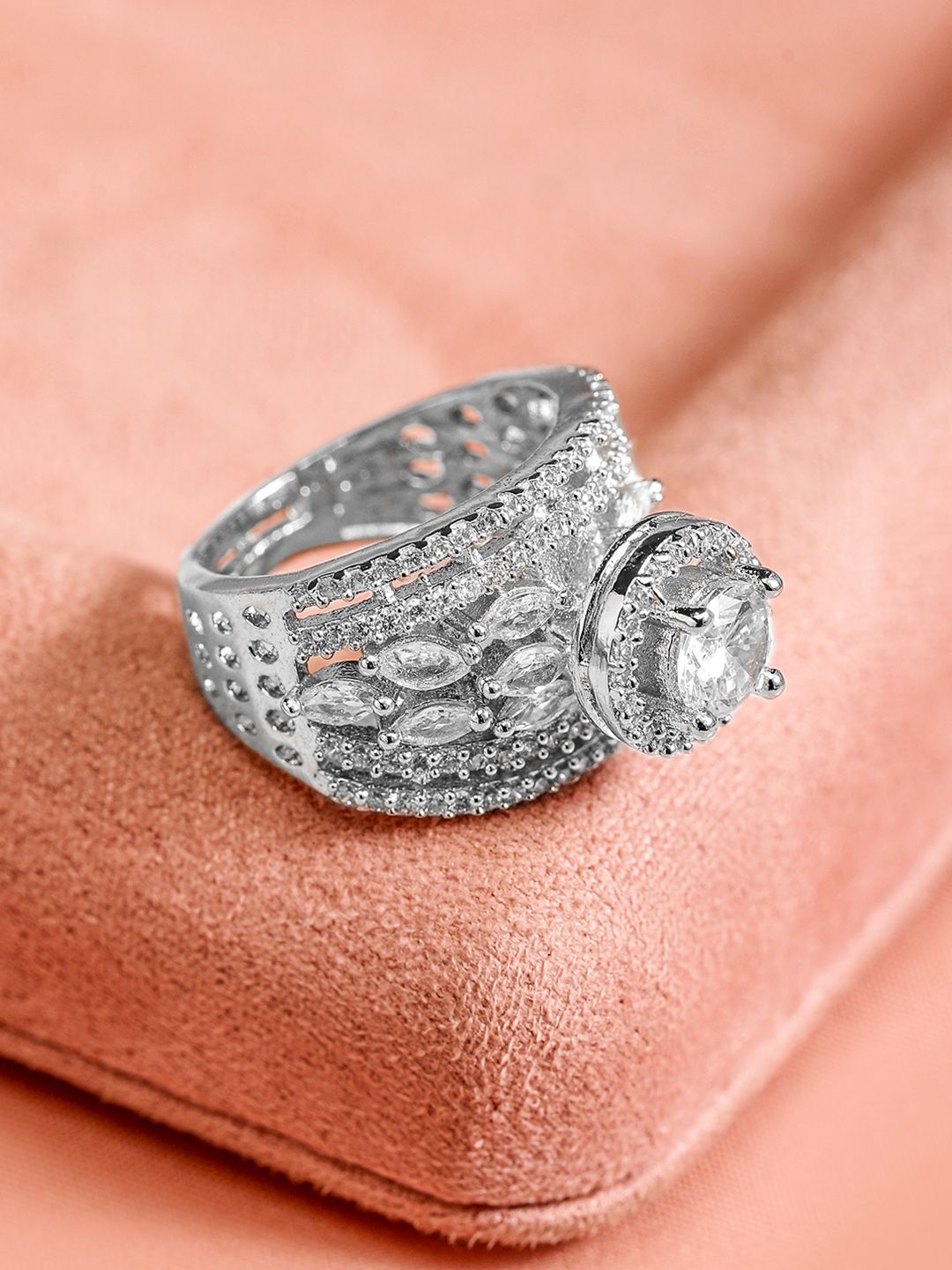 Dhiyona RJ Women's Women Rhodium Plated Cubic Zirconia Studded Adjustable Finger Ring