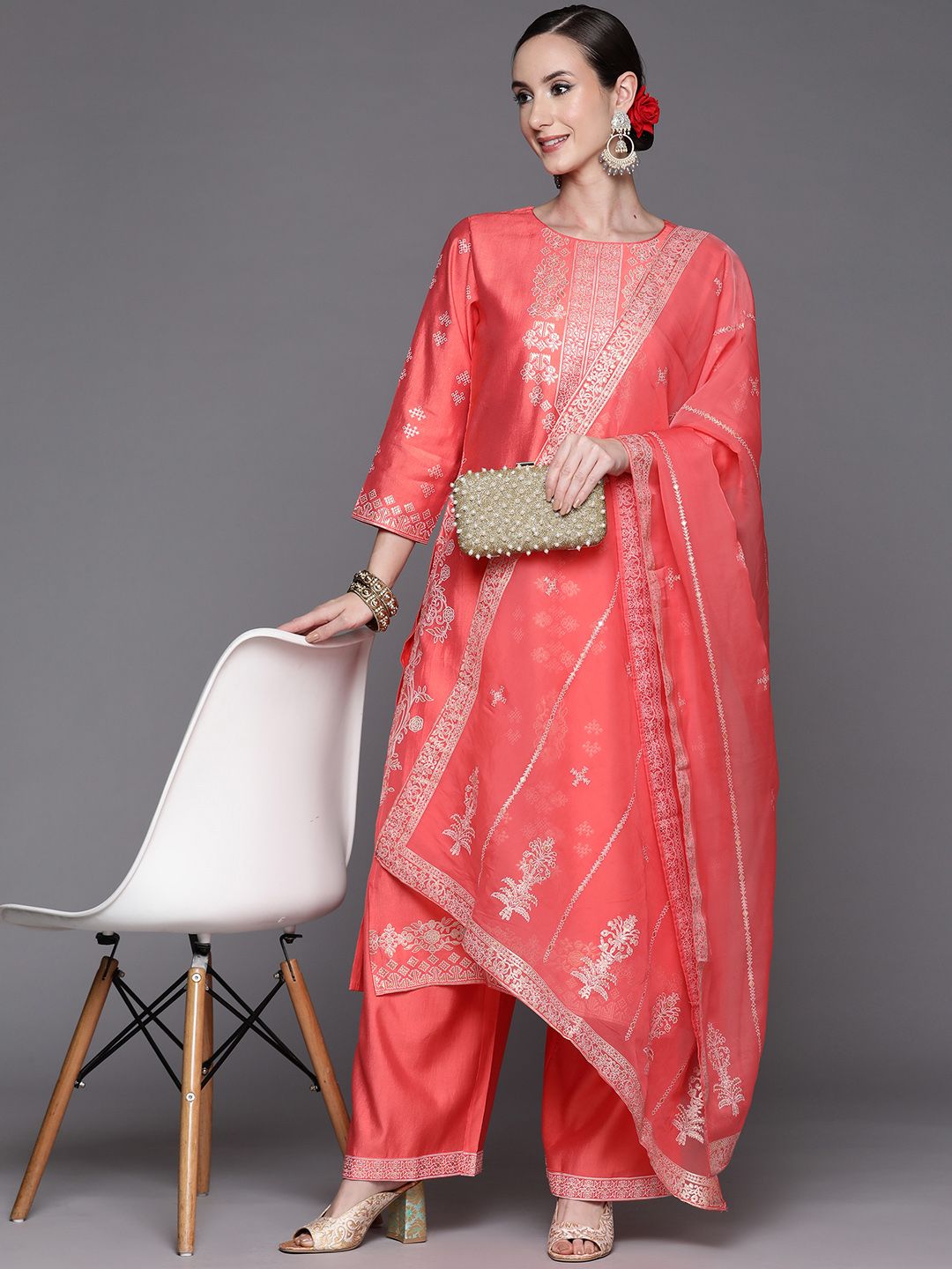 Women Pink Ethnic Motifs Printed Liva Kurta with Palazzos & With Dupatta