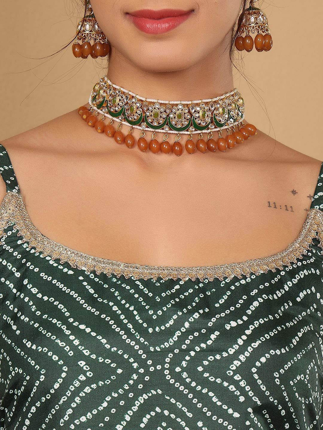 Dhiyona VA Women'sBandhani Printed Beads and Stones Pure Silk Straight Kurta With Palazzo & Dupatta