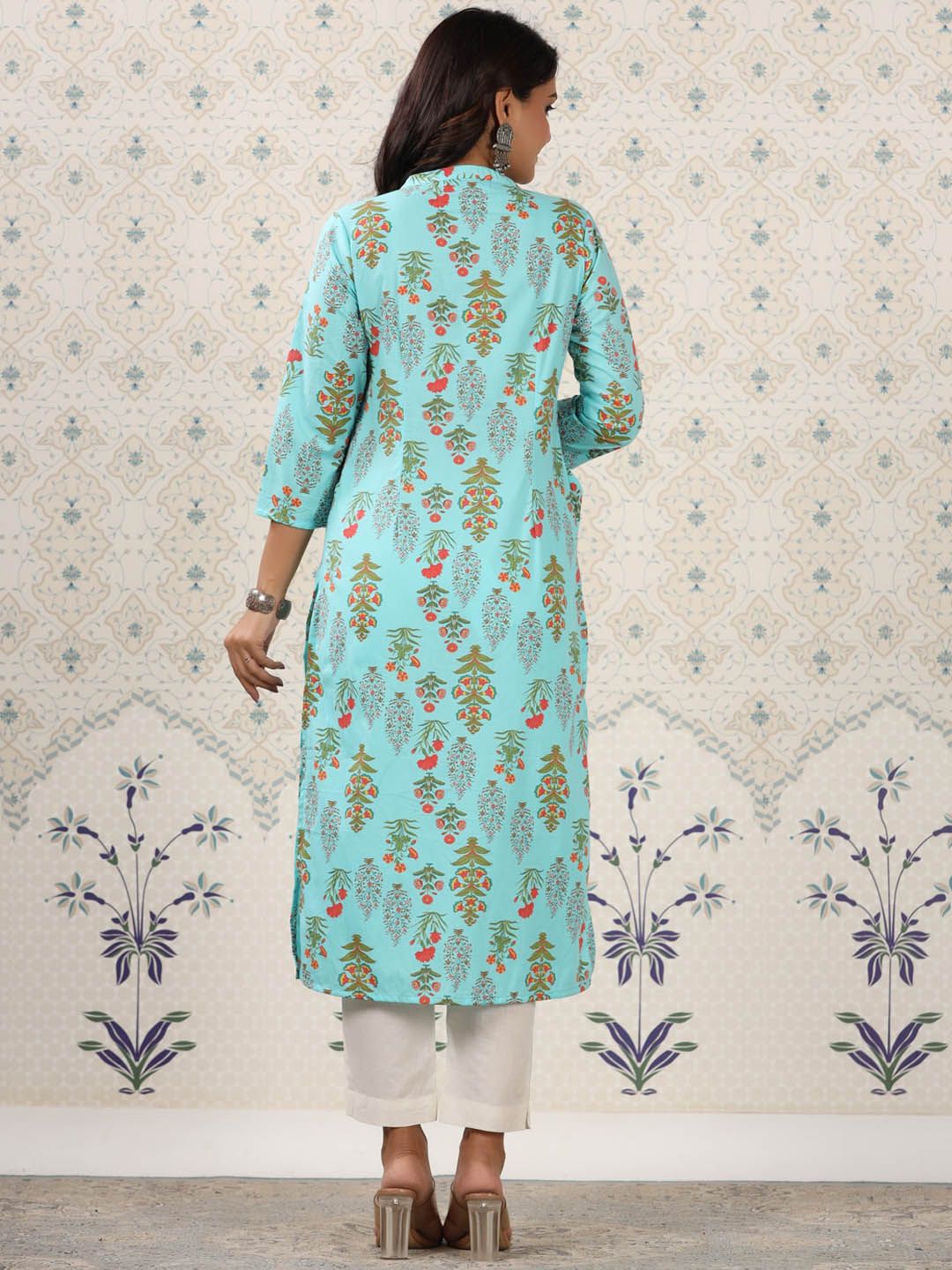Dhiyona OD Floral Printed Mandarin Collar Pure Cotton Kurta
