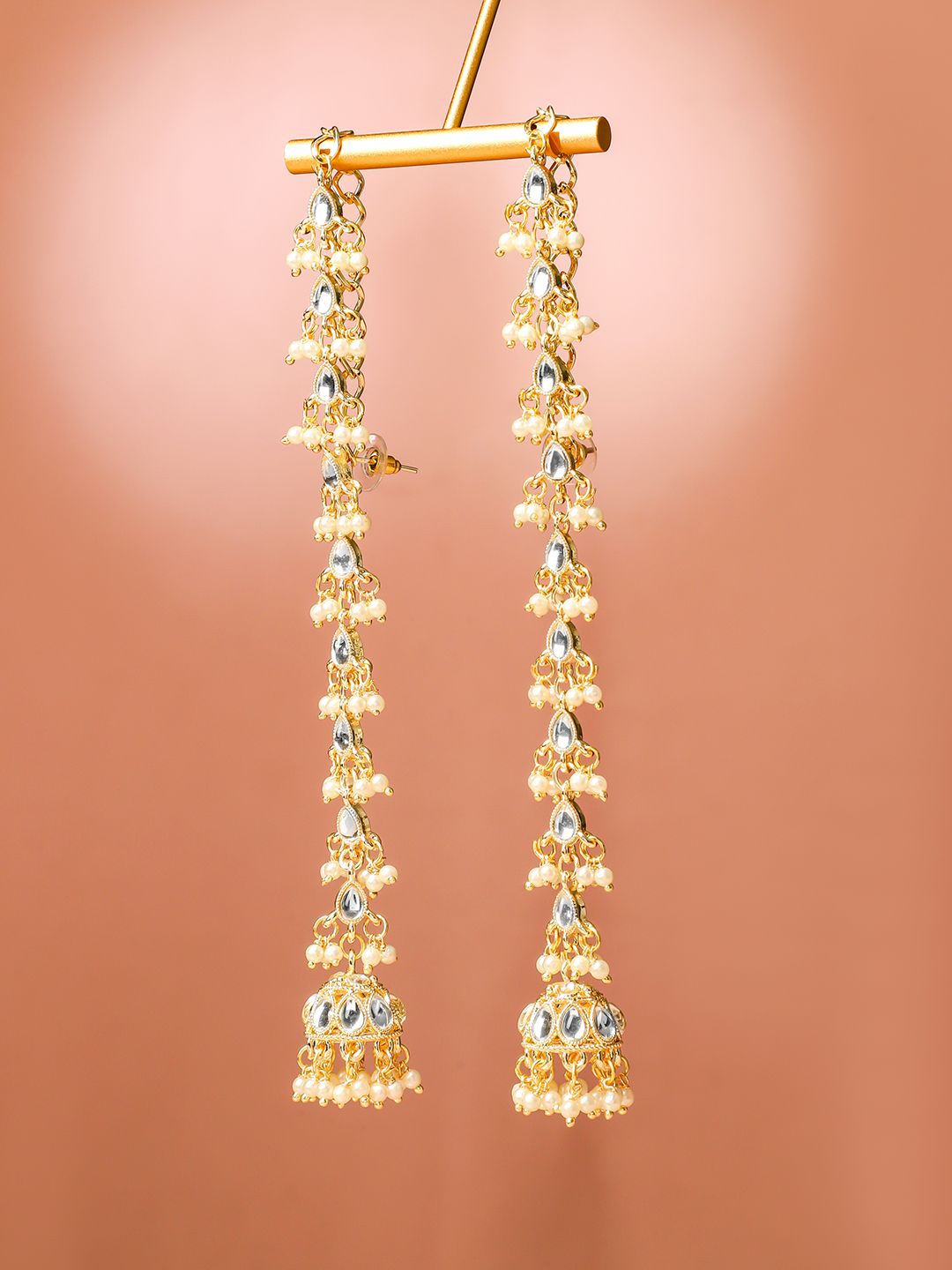 Dhiyona RJ Women's 18K Gold-Plated White Kundan & Glossy Pearl Beaded Long Jhumka Earring Extension