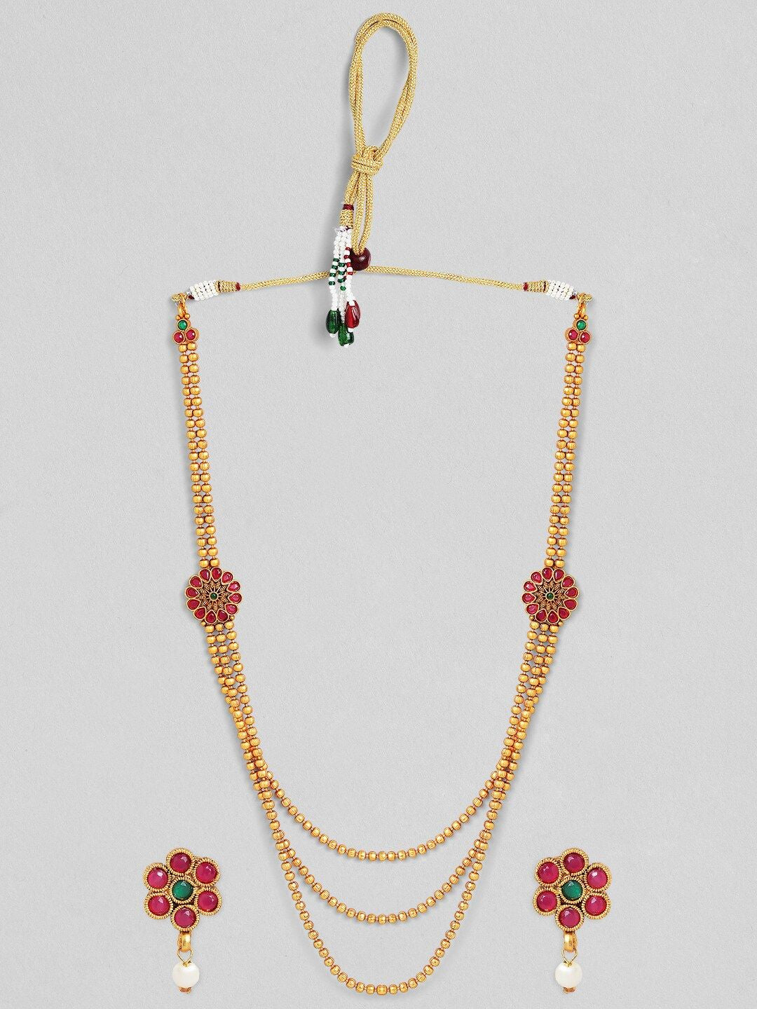 Dhiyona RJ Women's Gold-Plated & Ruby Stone Studded Handcrafted Layered Jewellery Set