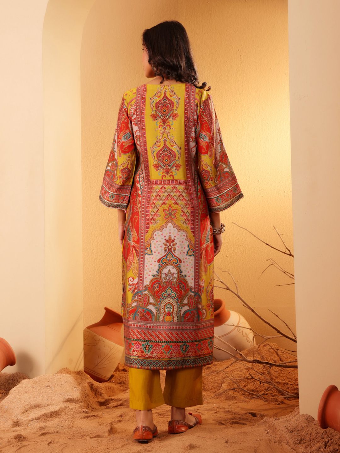 Dhiyona VA Women'sEthnic Motifs Embroidered Gotta Patti Notch Neck Chanderi Silk Kurta With Trousers