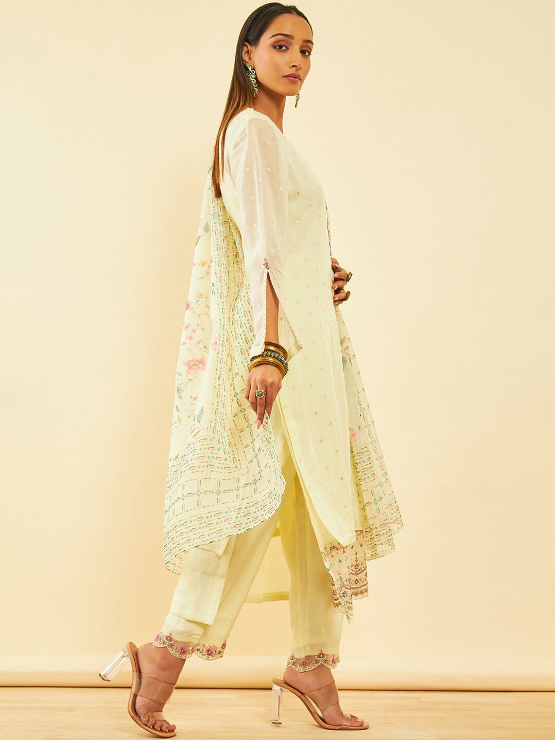Dhiyona SO Women's Floral Embroidered Layered Thread Work Kurta with Trousers & Dupatta