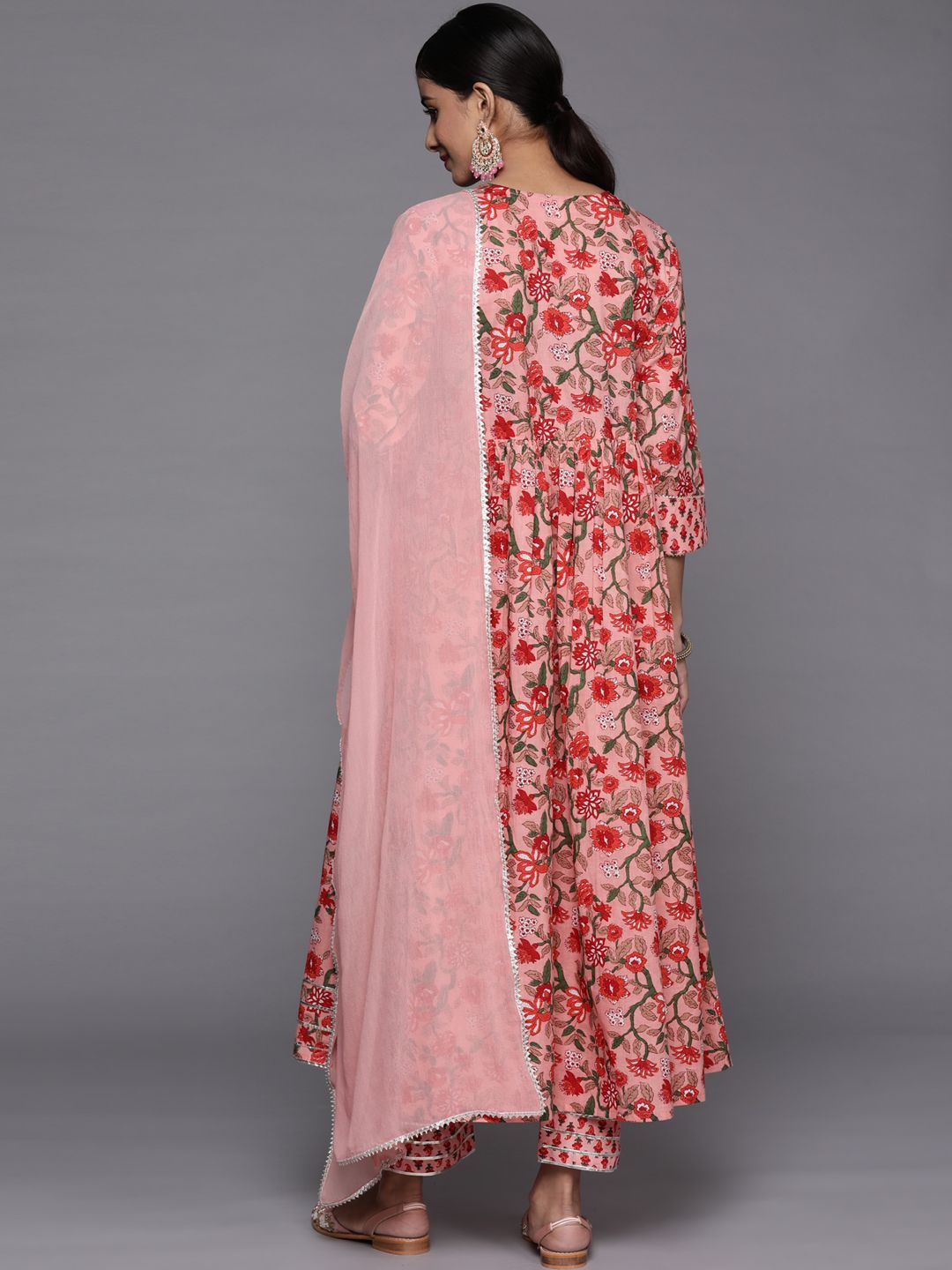 Dhiyona VA Women's Peach-Coloured Floral Printed Empire Gotta Patti Pure Cotton Kurta with Trousers & With