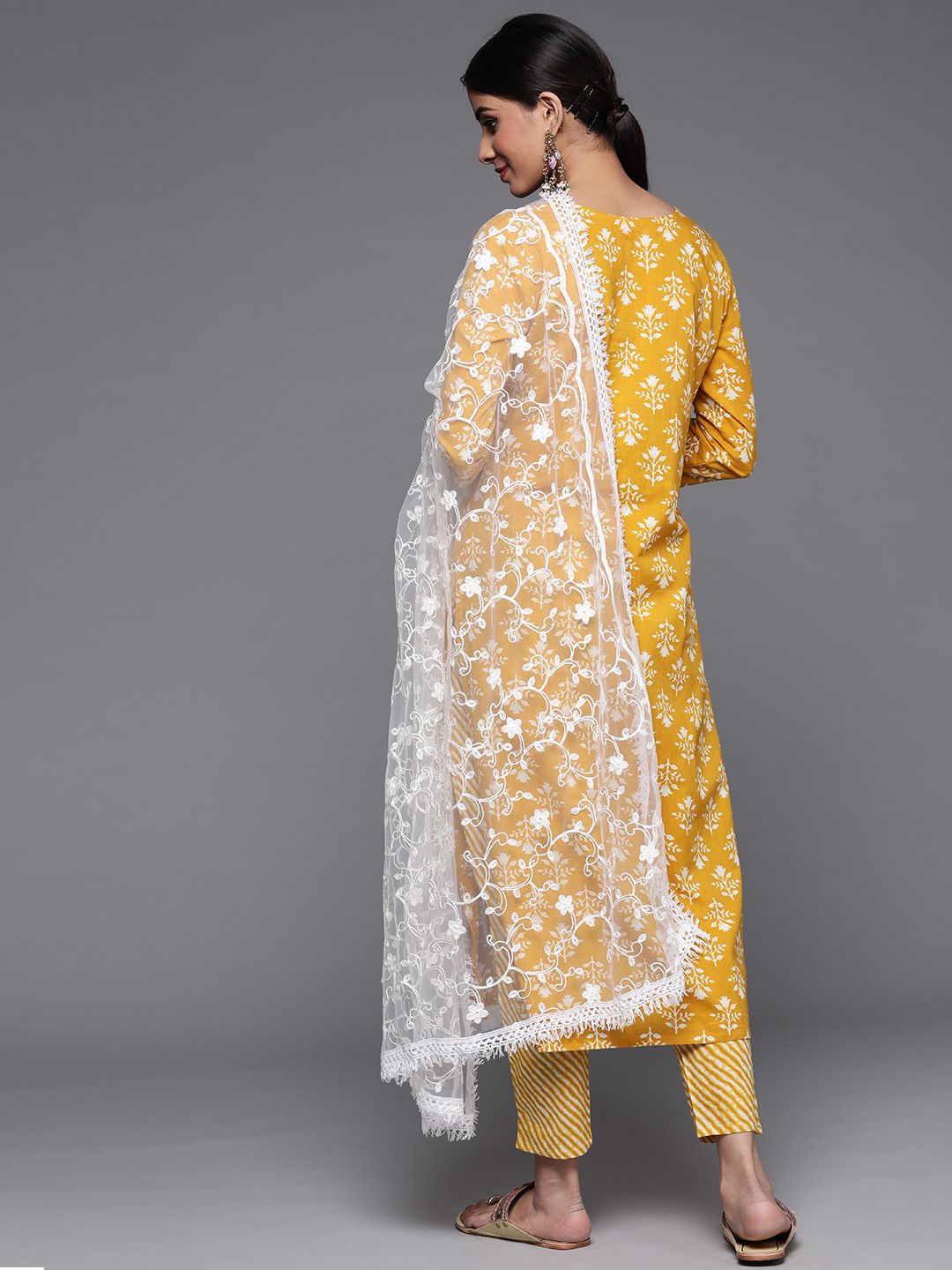 Dhiyona VA Women's Mustard Yellow Ethnic Motifs Printed Sequinned Pure Cotton Kurta with Trousers & With Dupatta
