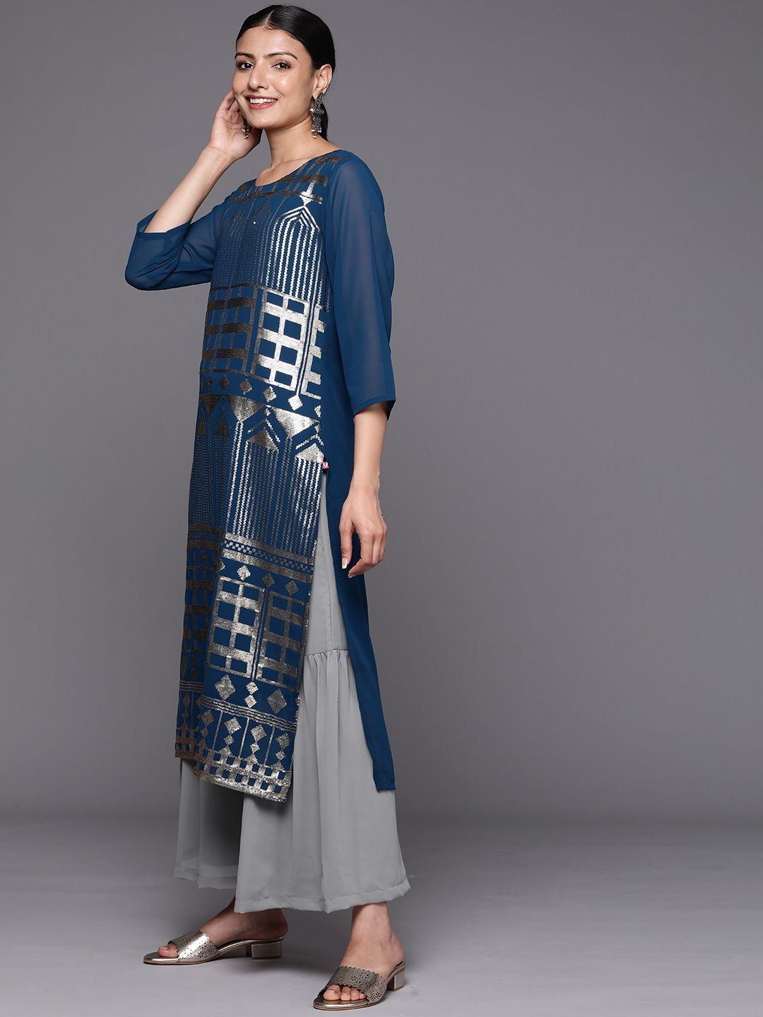 Dhiyona VA Women's Grey Embroidered Sequinned Silk Georgette Kurta with Sharara & With Dupatta