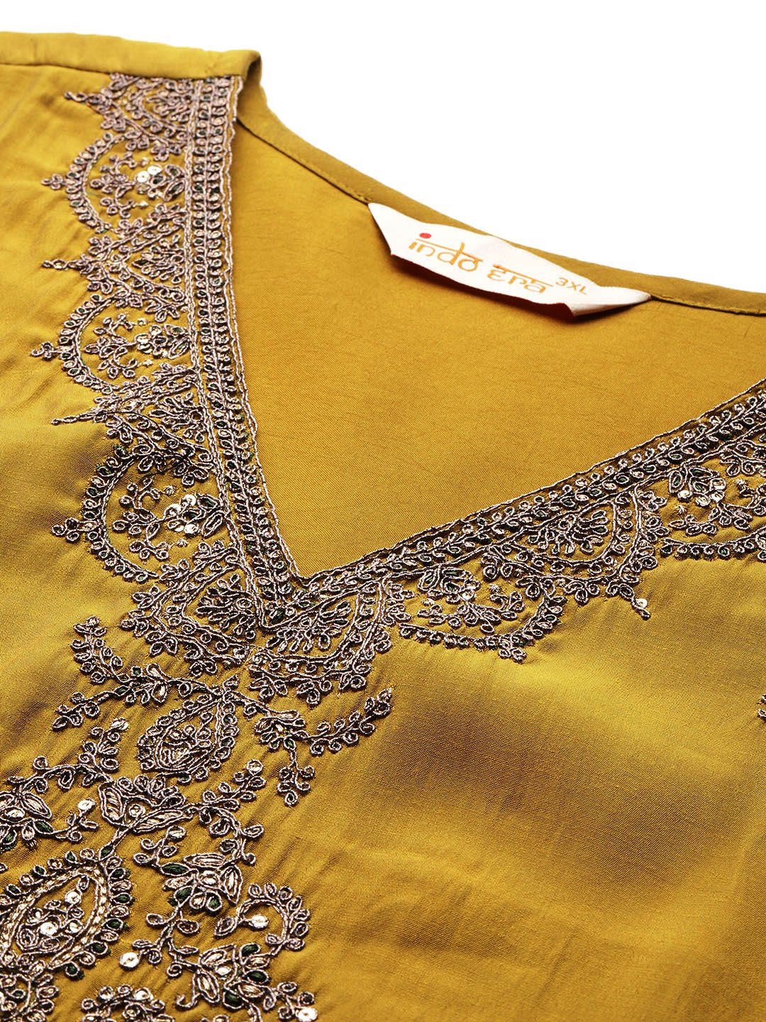 Dhiyona IE Plus Size Ethnic Motifs Embroidered Zari Kurta with Trousers & Dupatta