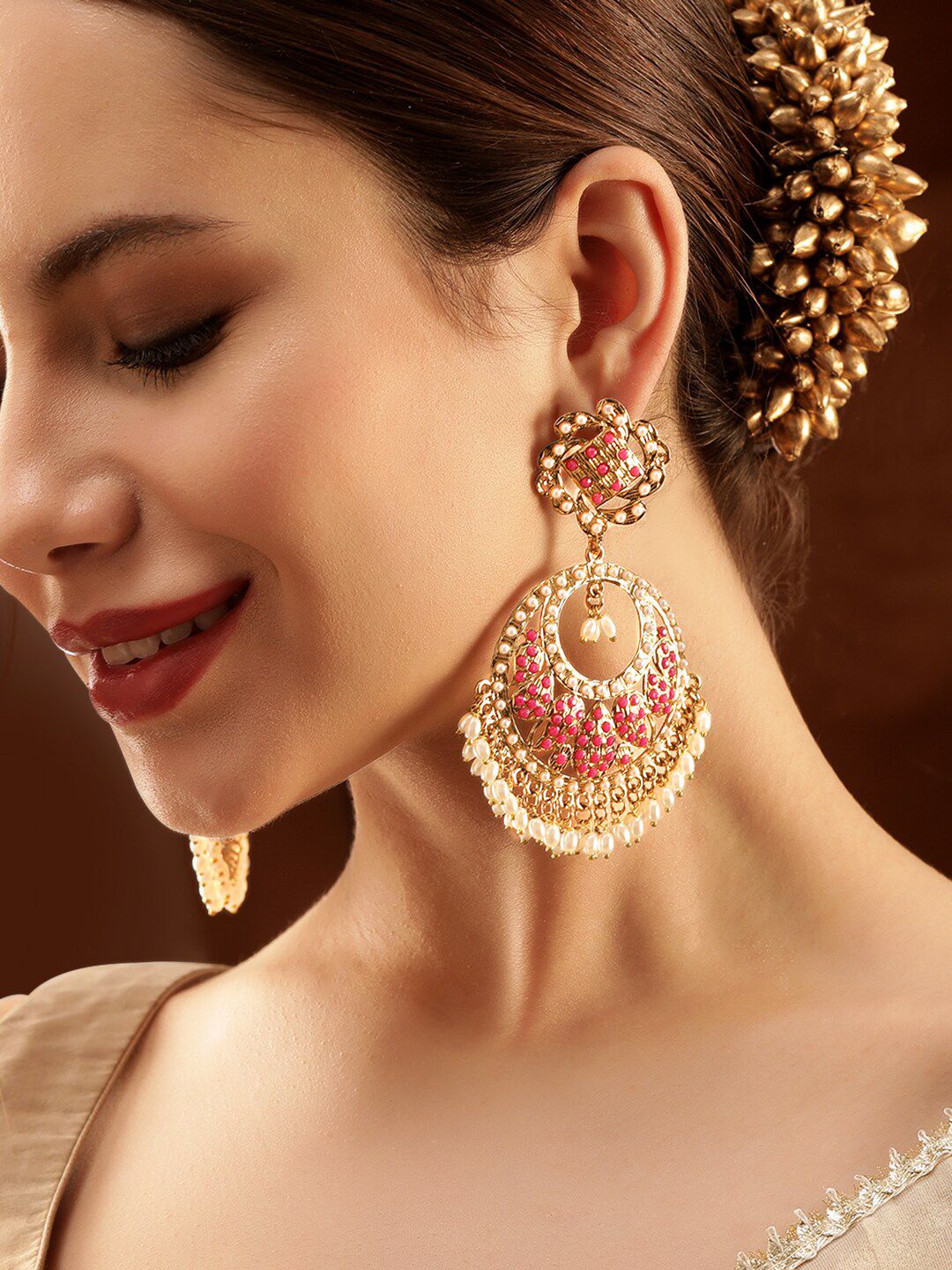 Dhiyona RJ Women's 22K Antique Gold Plated Ruby Zirconia & Pearl Studded Statement Chandbali Earring