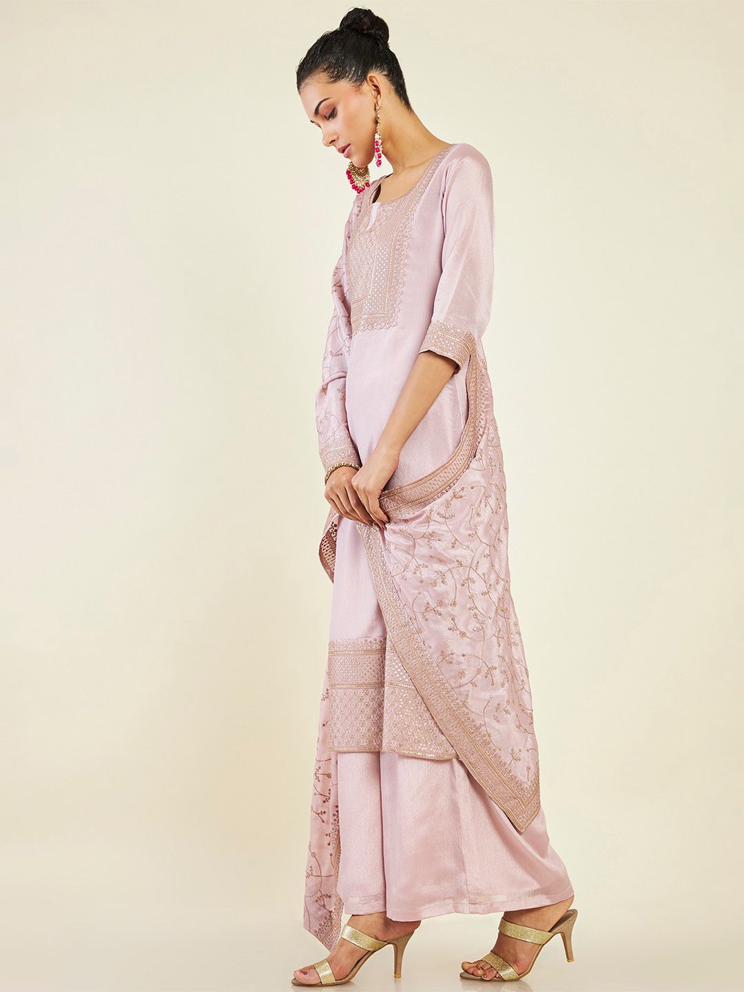Dhiyona SO Women's Ethnic Motif Embroidered Sequinned Pure Wool Kurta with Palazzos & Dupatta