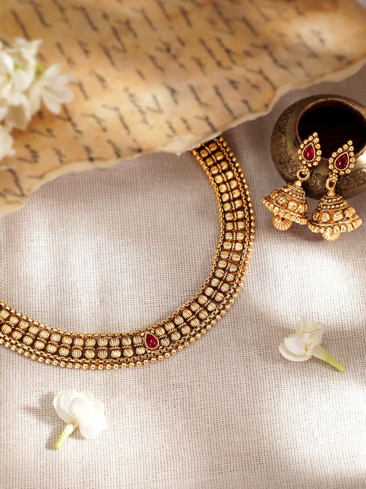 Dhiyona RJ Women's 22K Gold-Plated Ruby Pink & Kundan Studded Necklace Set with Jhumka Earrings