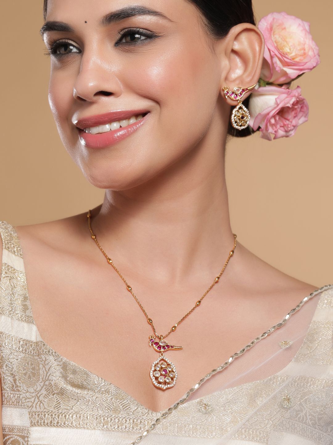 Dhiyona RJ Women's 22 K Gold-Plated Ruby & Kundan with Zicronia Studded Peacock Design Necklace Set