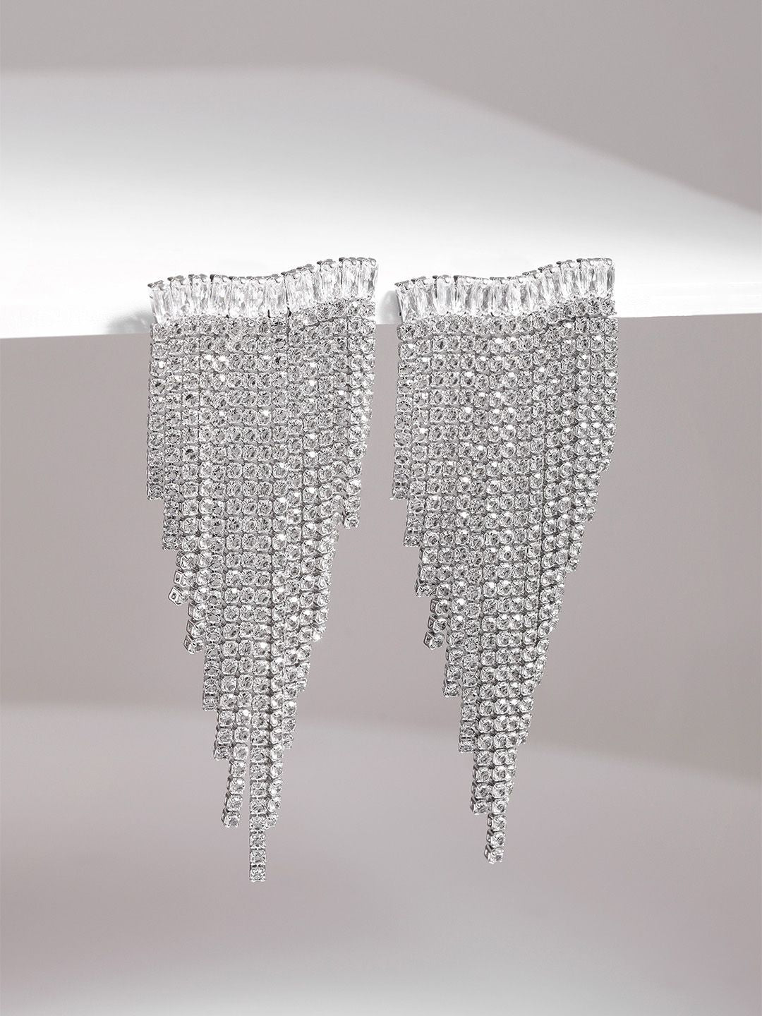 Dhiyona RJ Women's Silver Plated Crystal & AD Studded Shoulder Duster Glamorous Earrings