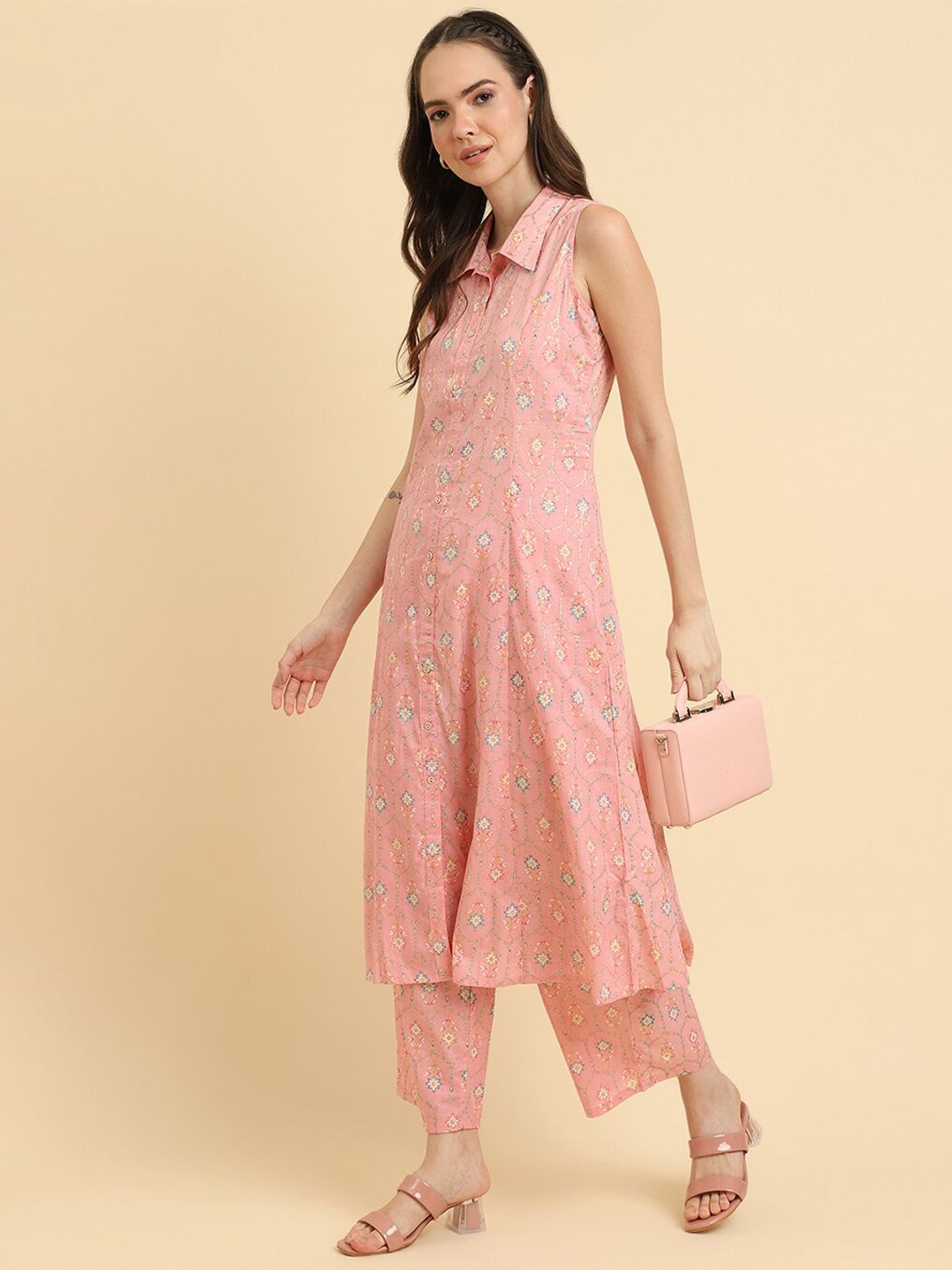 Dhiyona VA Women'sPink Floral Printed Regular Kurta with Trousers