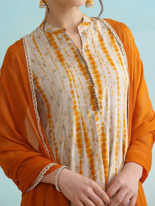 Women's Striped Dyed Mandarin CollarThree-Quarter Sleeves Kurta Set