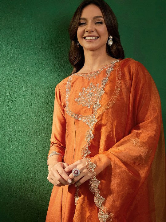 Women's Embroidered Boat-Neck Kurta With Trousers & Dupatta