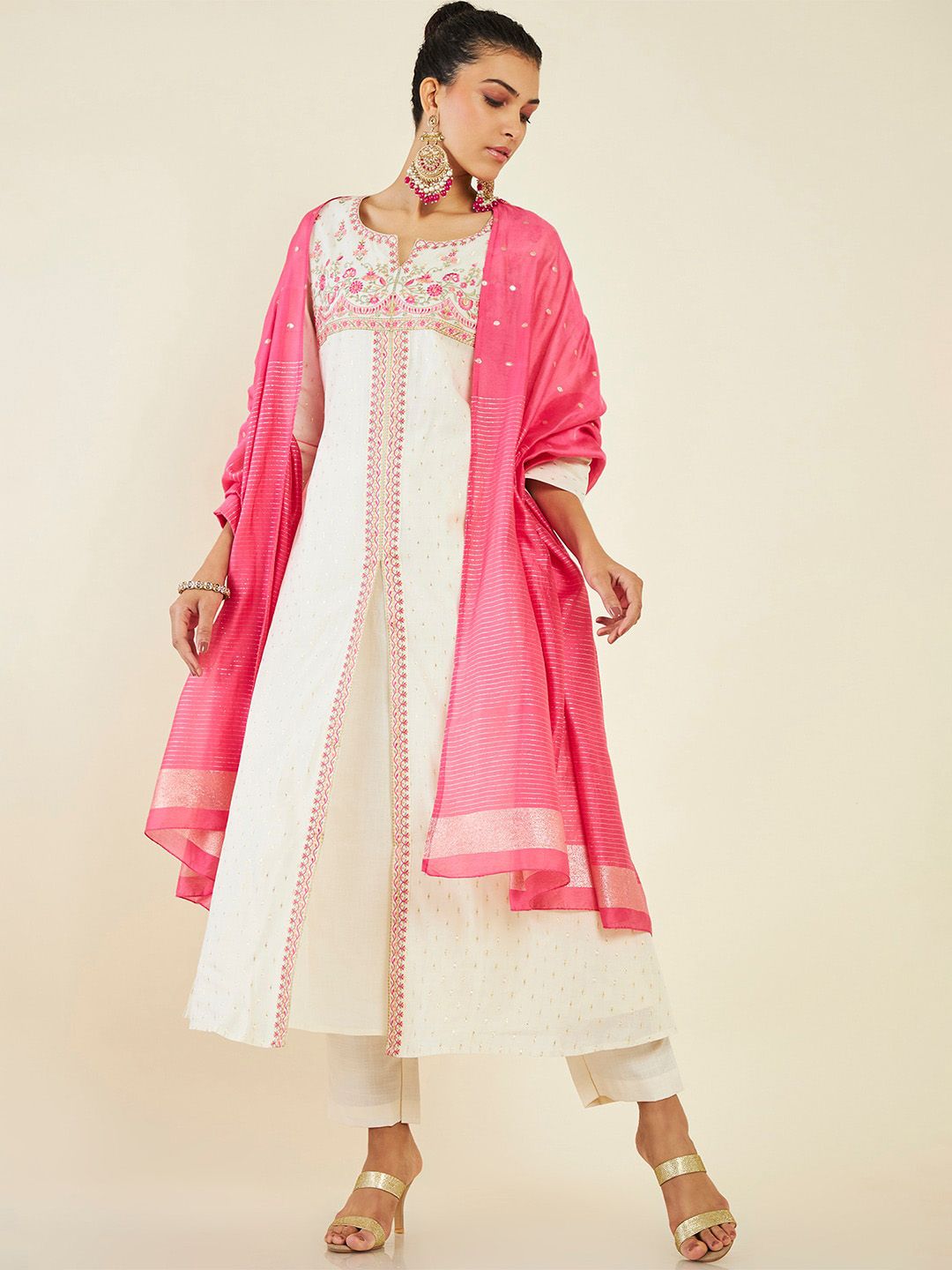 Dhiyona SO Women's Alina Cut Floral Embroidered Front Slit A-Line Pure Cotton Kurta with Trousers & Dupatta