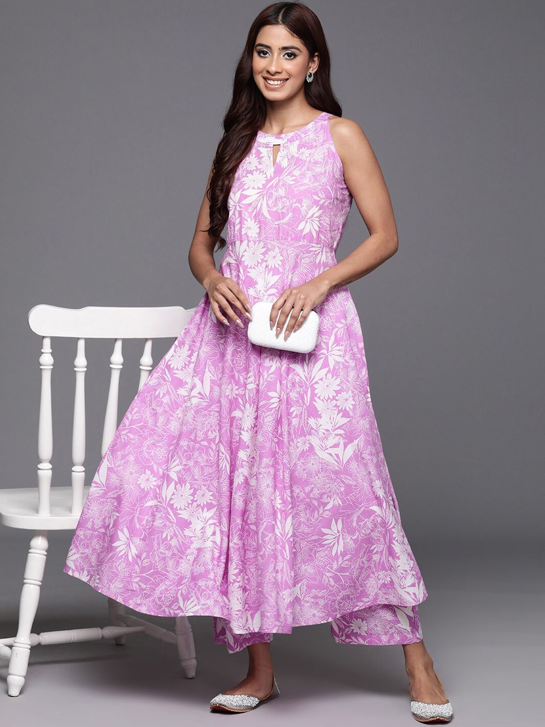 Dhiyona VA Women's Floral Printed Empire Pure Cotton Anarkali Kurta with Trouser