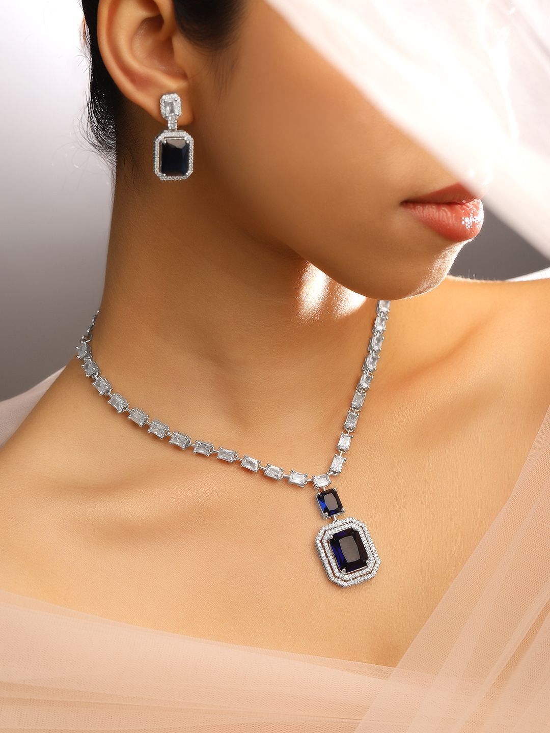 Dhiyona RJ Women's Rhodium-Plated Dark Blue Sapphire & White Cubic Zirconia Premium Jewellery Set