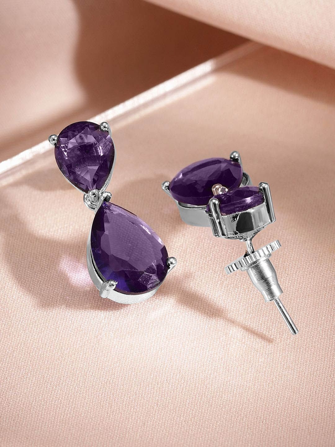 Dhiyona RJ Women's Rhodium-Plated Amethyst Purple AD & Cubic Zirconia Studded Necklace Set