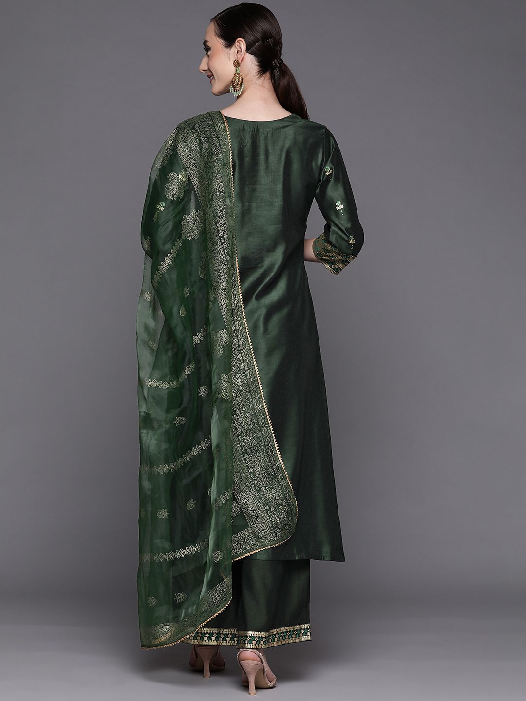 Women Green Ethnic Motifs Printed Liva Kurta with Palazzos & With Dupatta