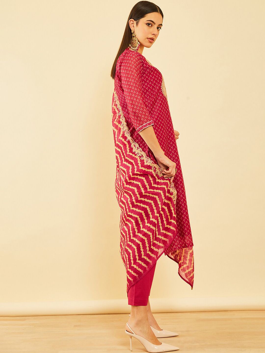 Dhiyona SO Women's Bandhani Printed Sequinned Chanderi Silk Kurta & Trousers With Dupatta