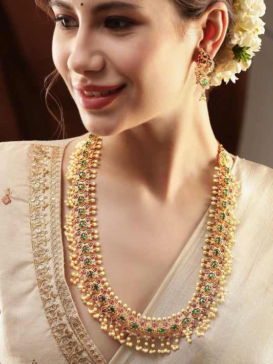 Dhiyona RJ Women's 22K Gold-Plated Green & Ruby Kundan Studed Handcrafted Necklace Set with Pearl Bead