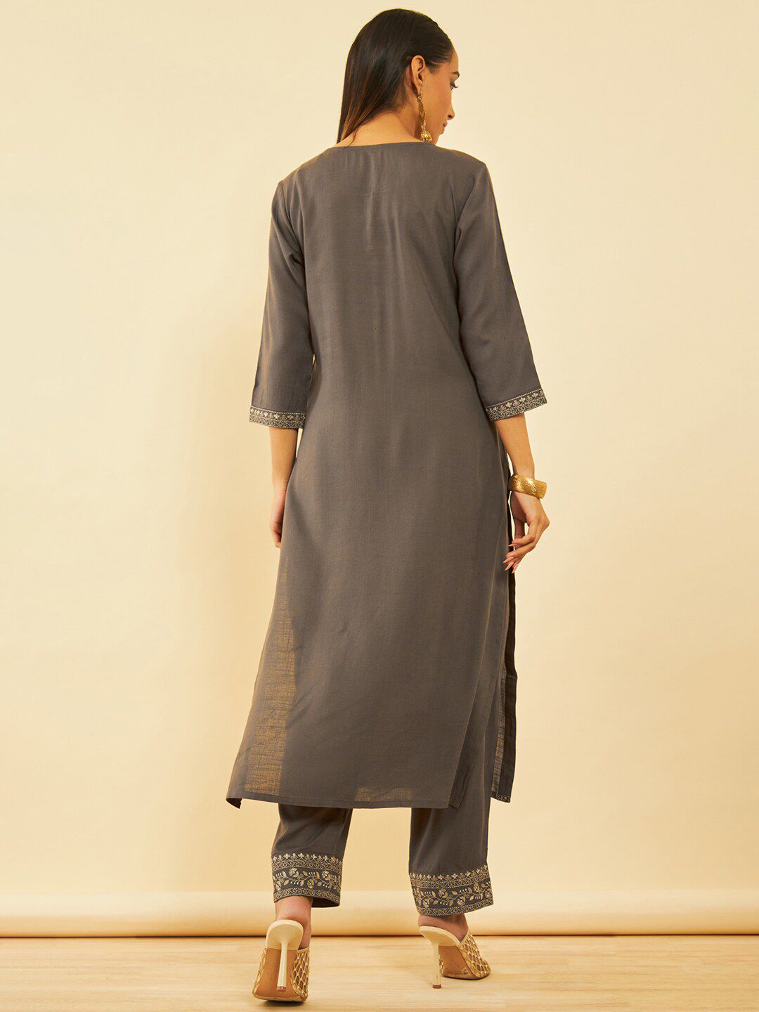 Dhiyona SO Women's Ethnic Motifs Embroidered Regular Sequinned Kurta with Trouser