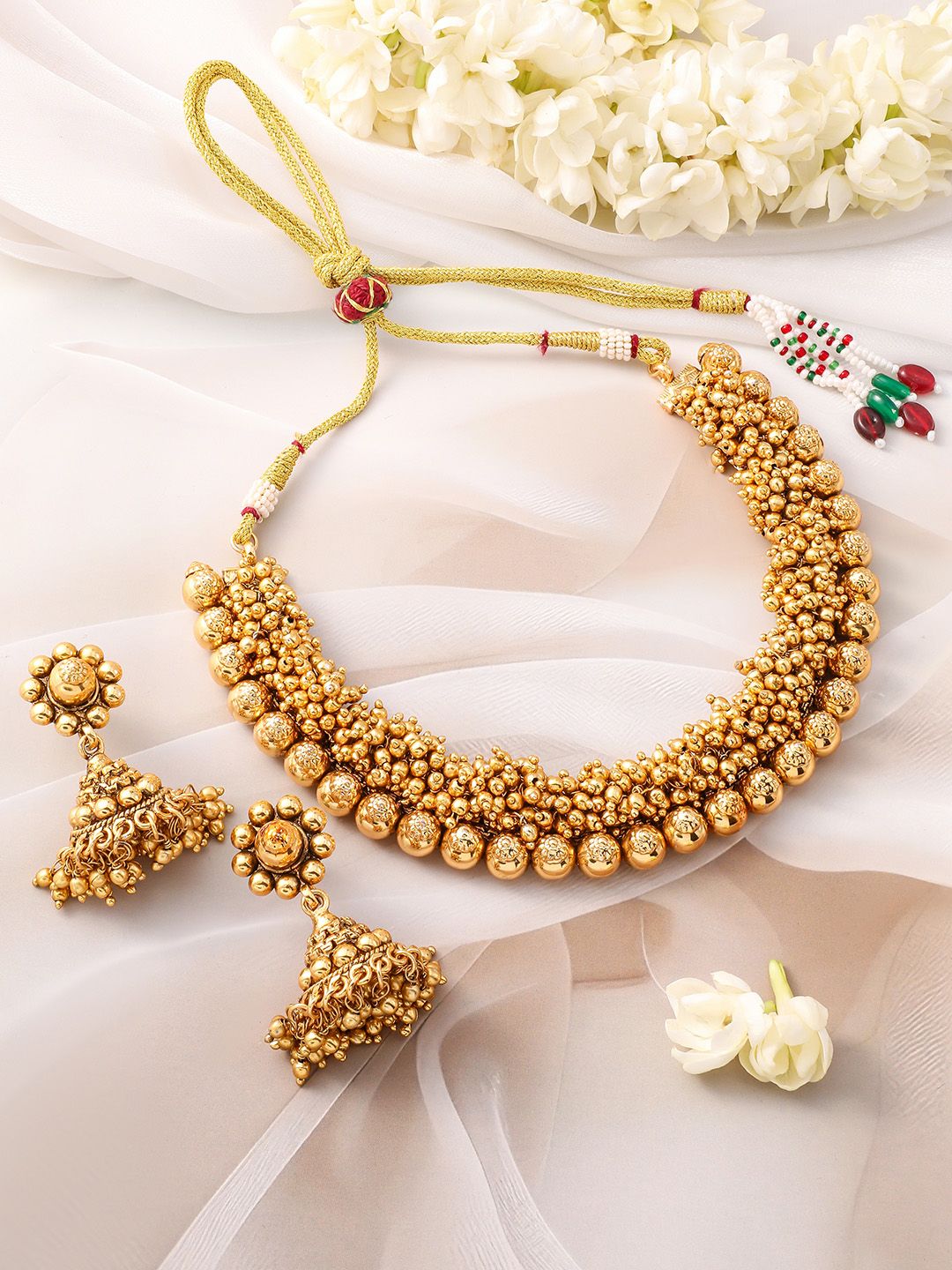 Dhiyona RJ Women's 22K Gold-Plated Golden Beads Studded Beaded Traditional Jewellery Set