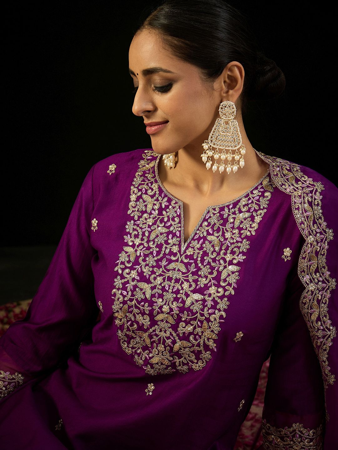 Dhiyona IE Notched Neck Floral Embroidered Liva Kurta with Trouser & Dupatta