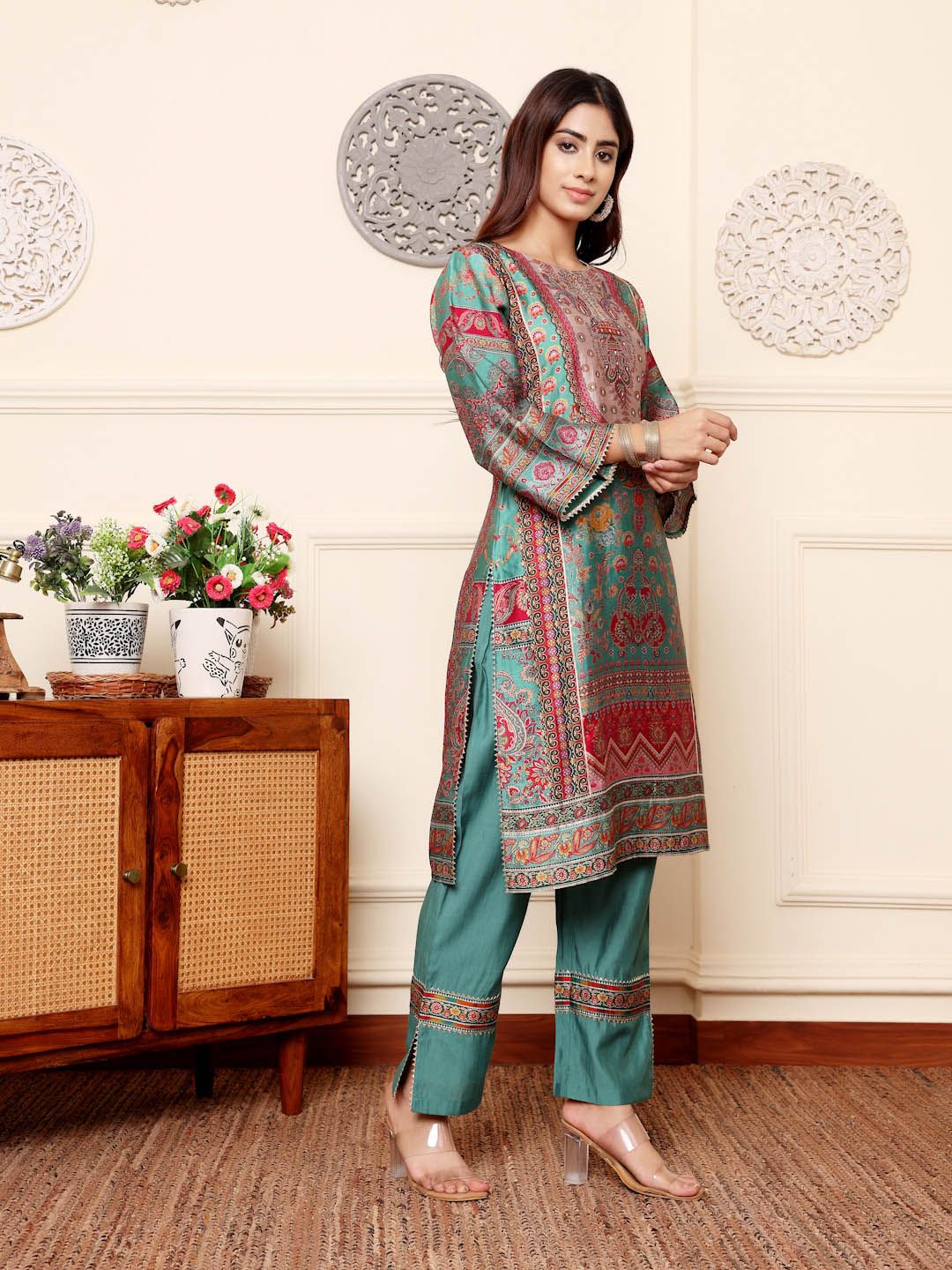 Dhiyona VA Women'sEthnic Motifs Printed Chanderi Silk Tunic With Trousers