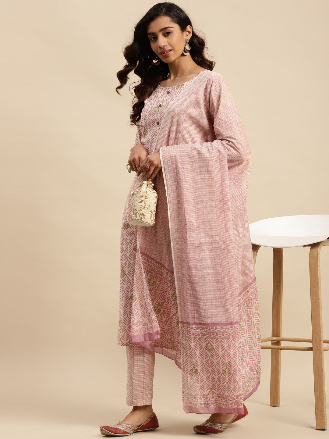 Dhiyona SN Women's Mauve Floral Printed Beads and Stones Kurta With Trouser & Dupatta