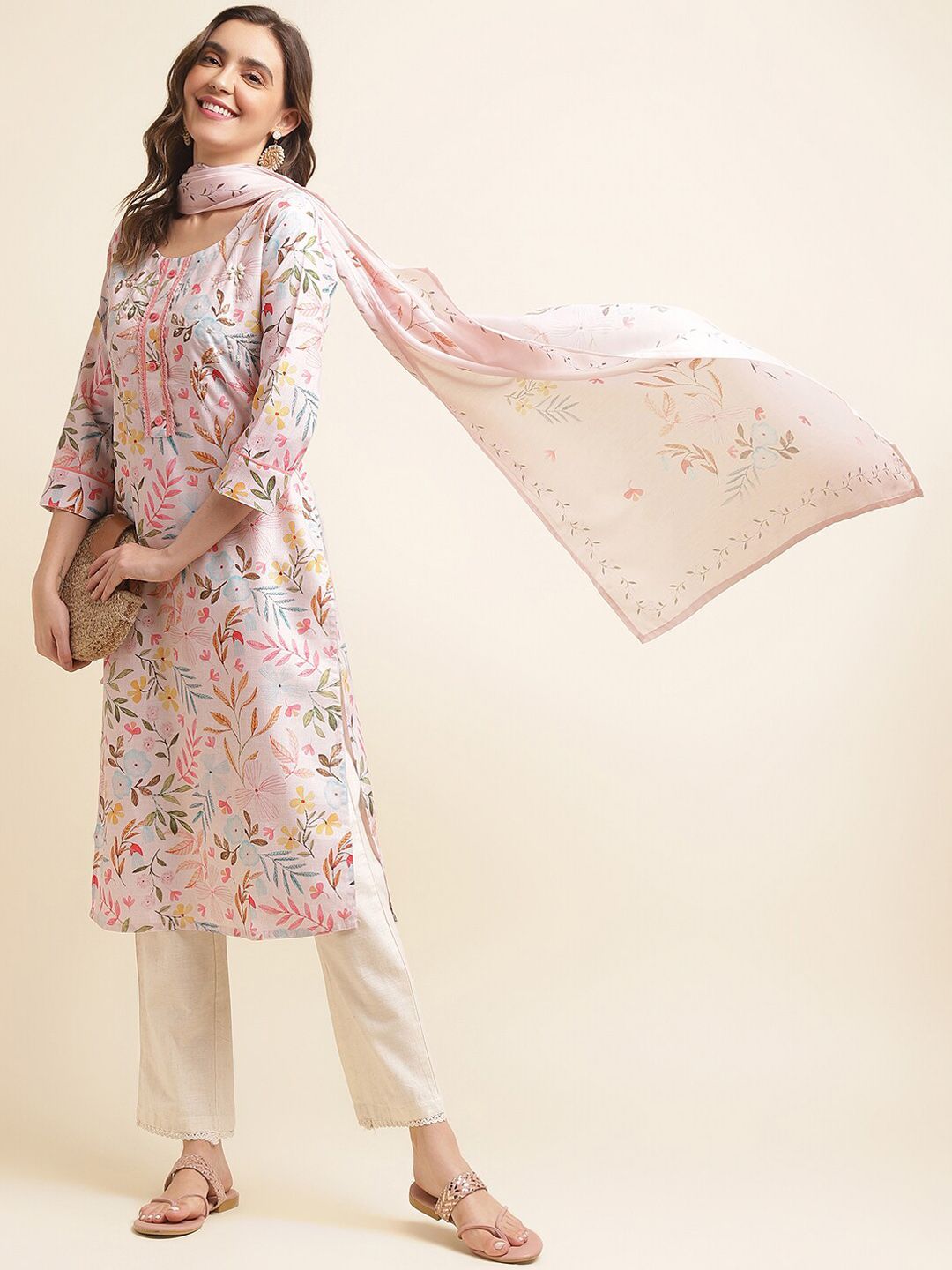 Dhiyona OD Pink Floral Printed Sequinned Linen Kurta With Trousers & Dupatta