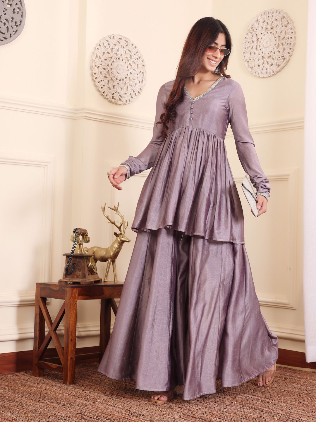 Dhiyona VA Women'sV-Neck Gotta Patti Long Sleeves A-Line Flared Kurta with Palazzo