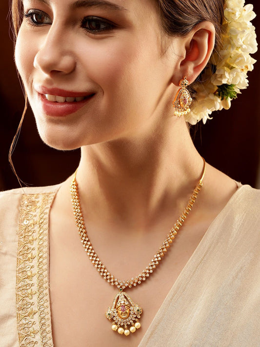Dhiyona RJ Women's Gold-Plated American Diamond-Studded & Pearl Beaded Temple Jewellery Set