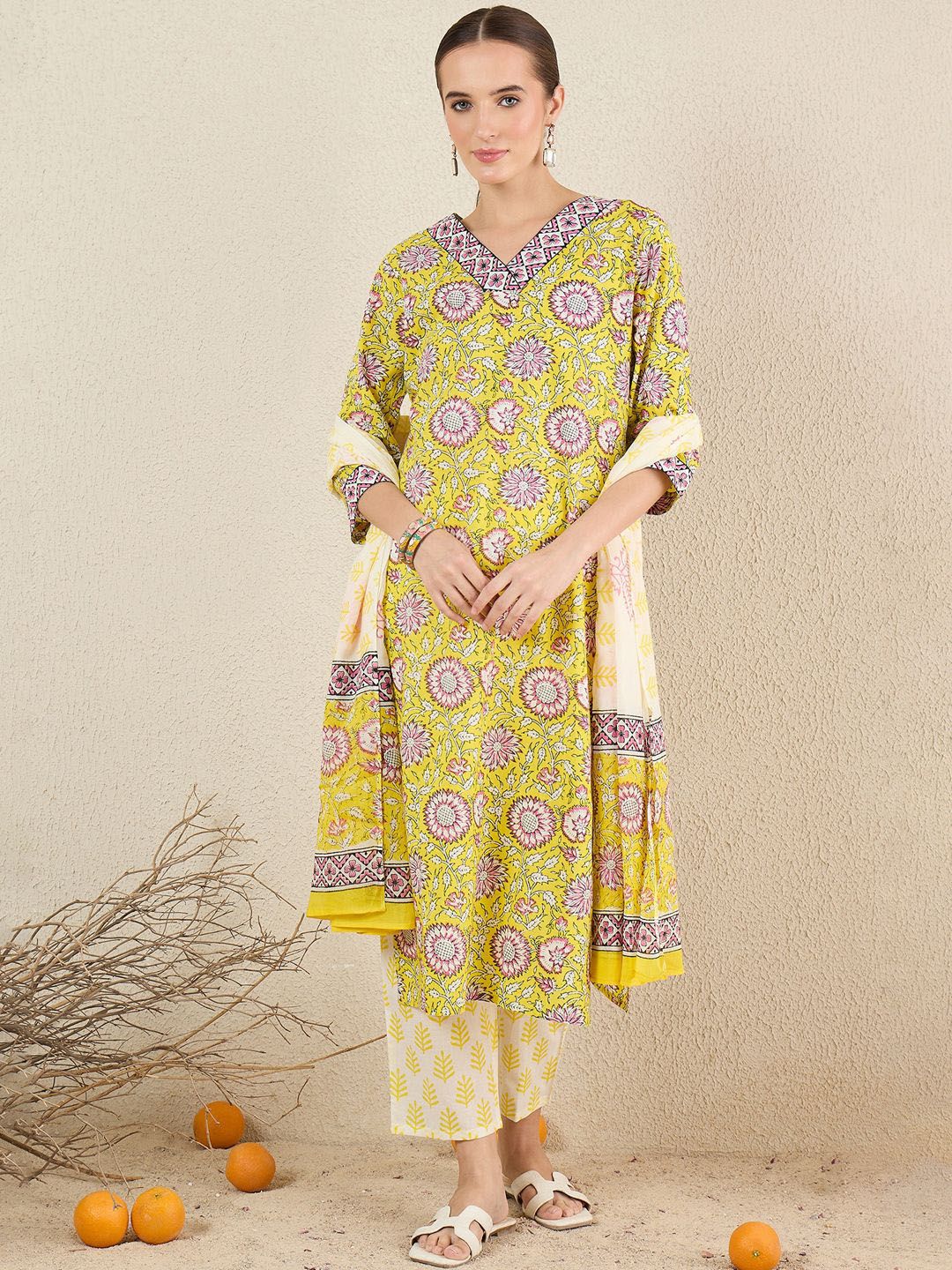 Dhiyona IE Floral Printed Pure Cotton V-Neck A-Line Kurta With Trousers And Dupatta